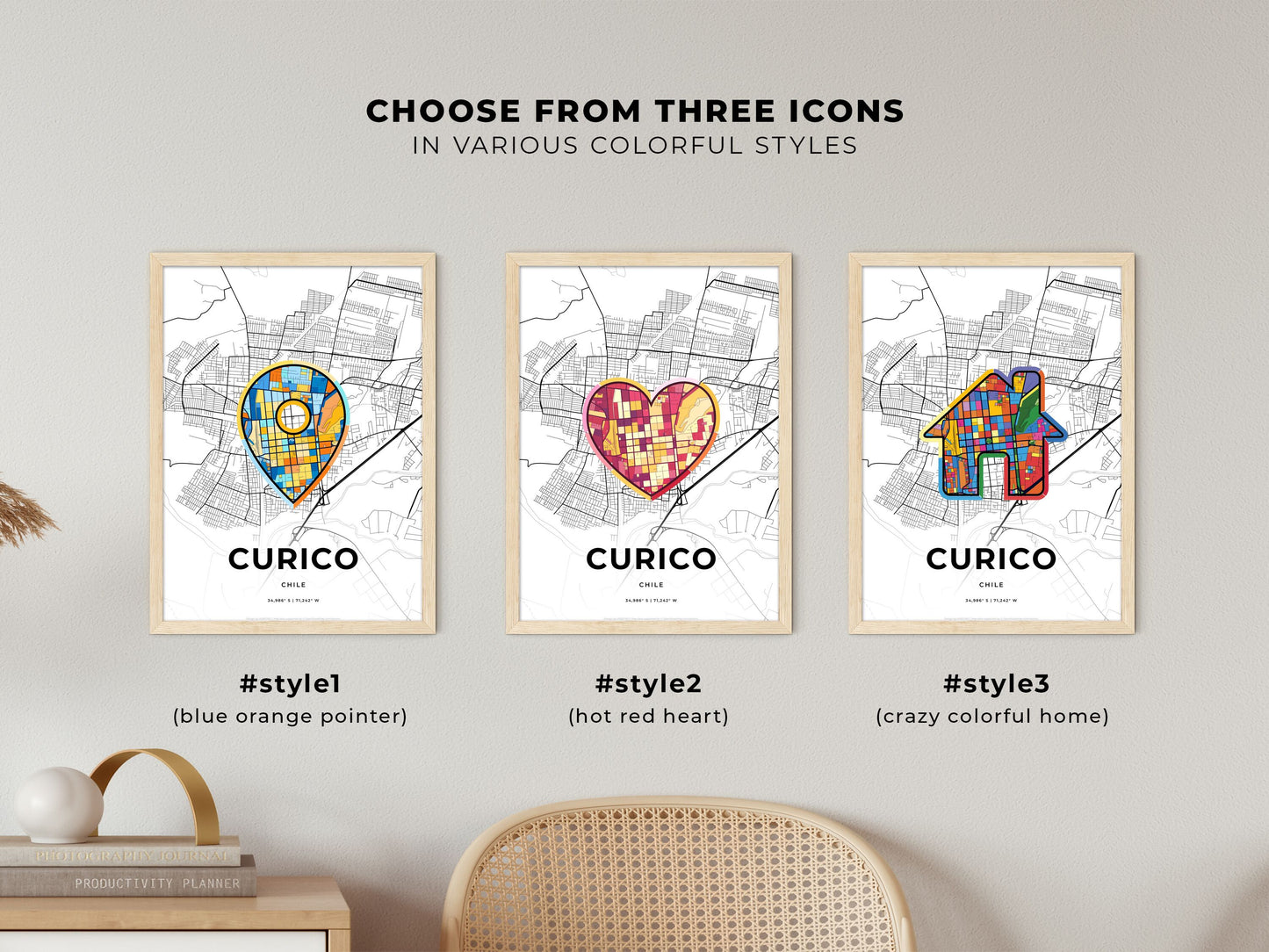 Curico Chile maps with colorful icons