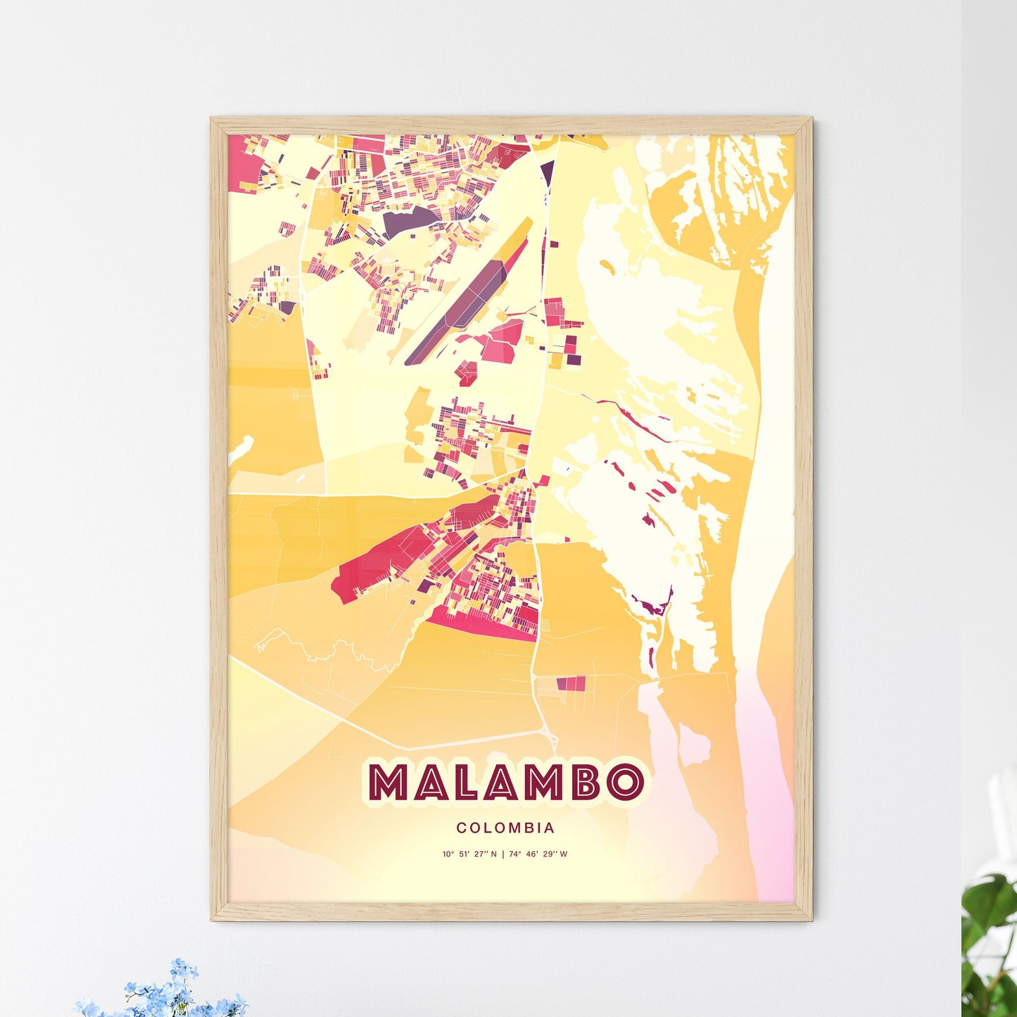 Colorful MALAMBO COLOMBIA Fine Art Map Hot Red