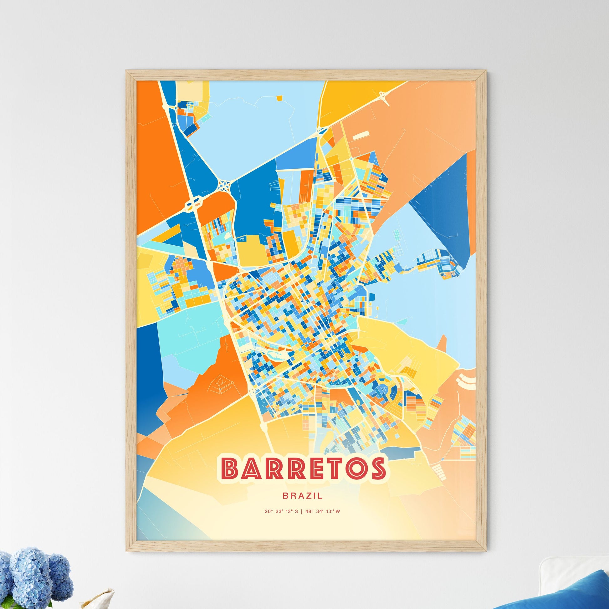 Colorful BARRETOS BRAZIL Fine Art Map Blue Orange