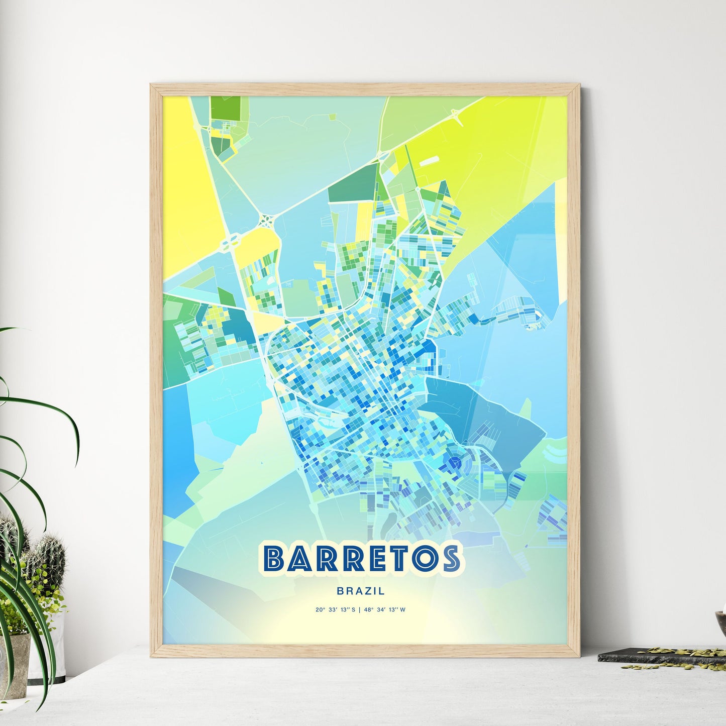 Colorful BARRETOS BRAZIL Fine Art Map Cool Blue