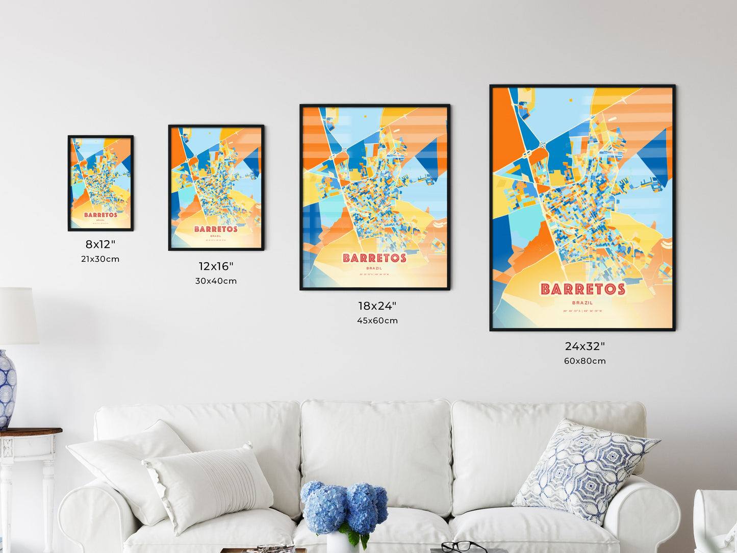 Colorful BARRETOS BRAZIL Fine Art Map Blue Orange