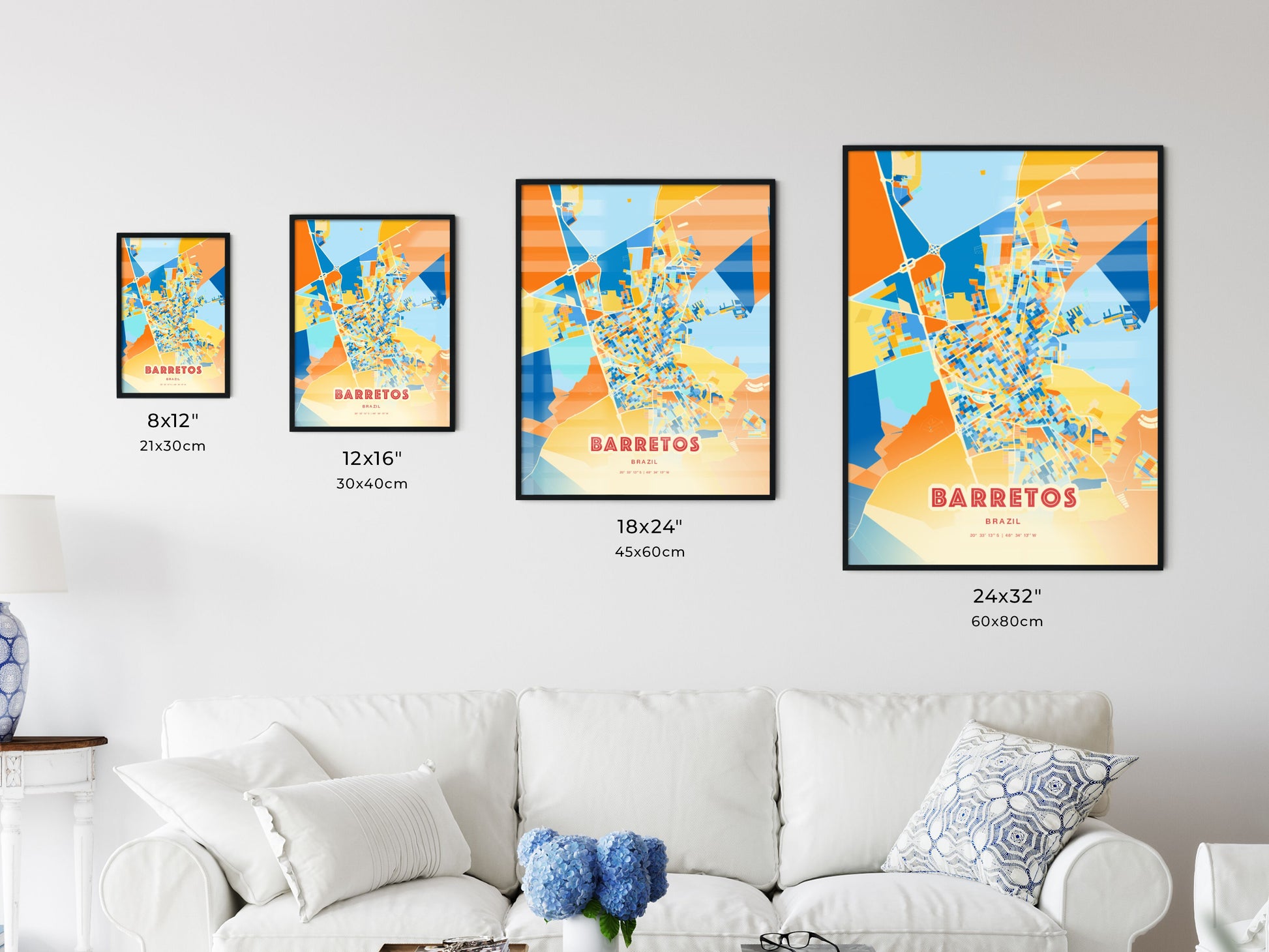 Colorful BARRETOS BRAZIL Fine Art Map Blue Orange