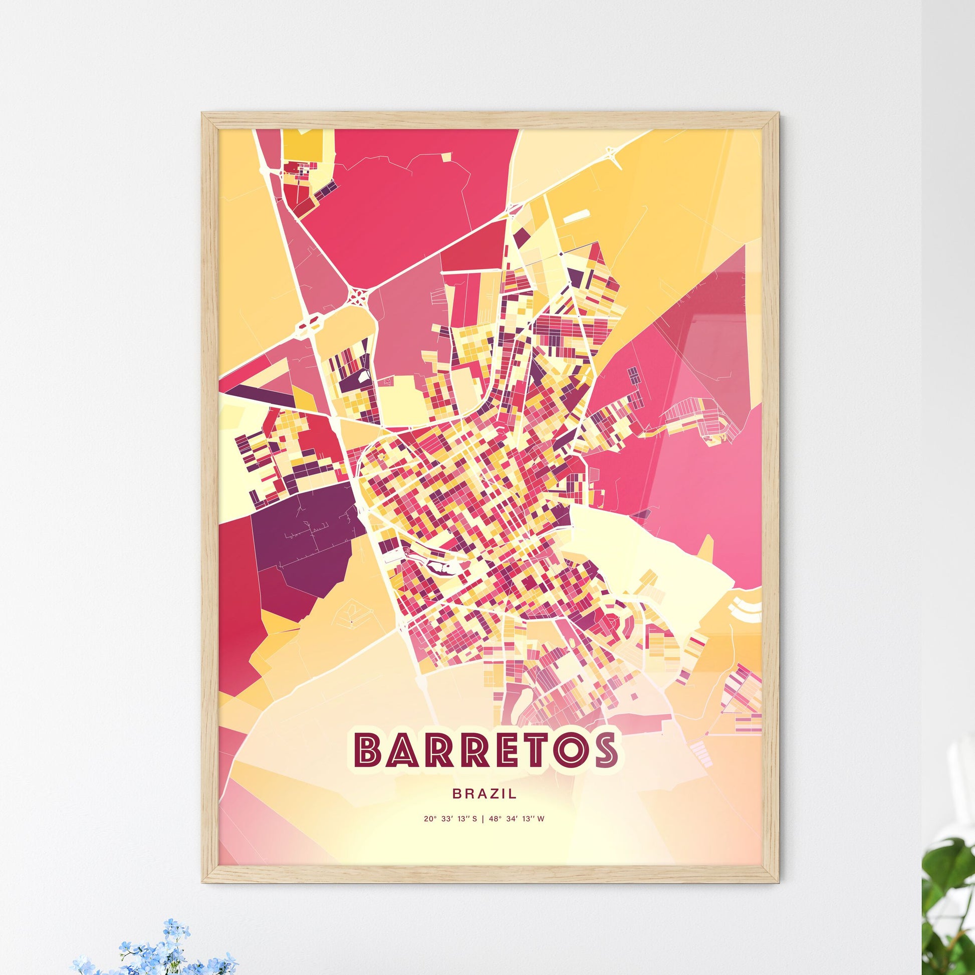 Colorful BARRETOS BRAZIL Fine Art Map Hot Red