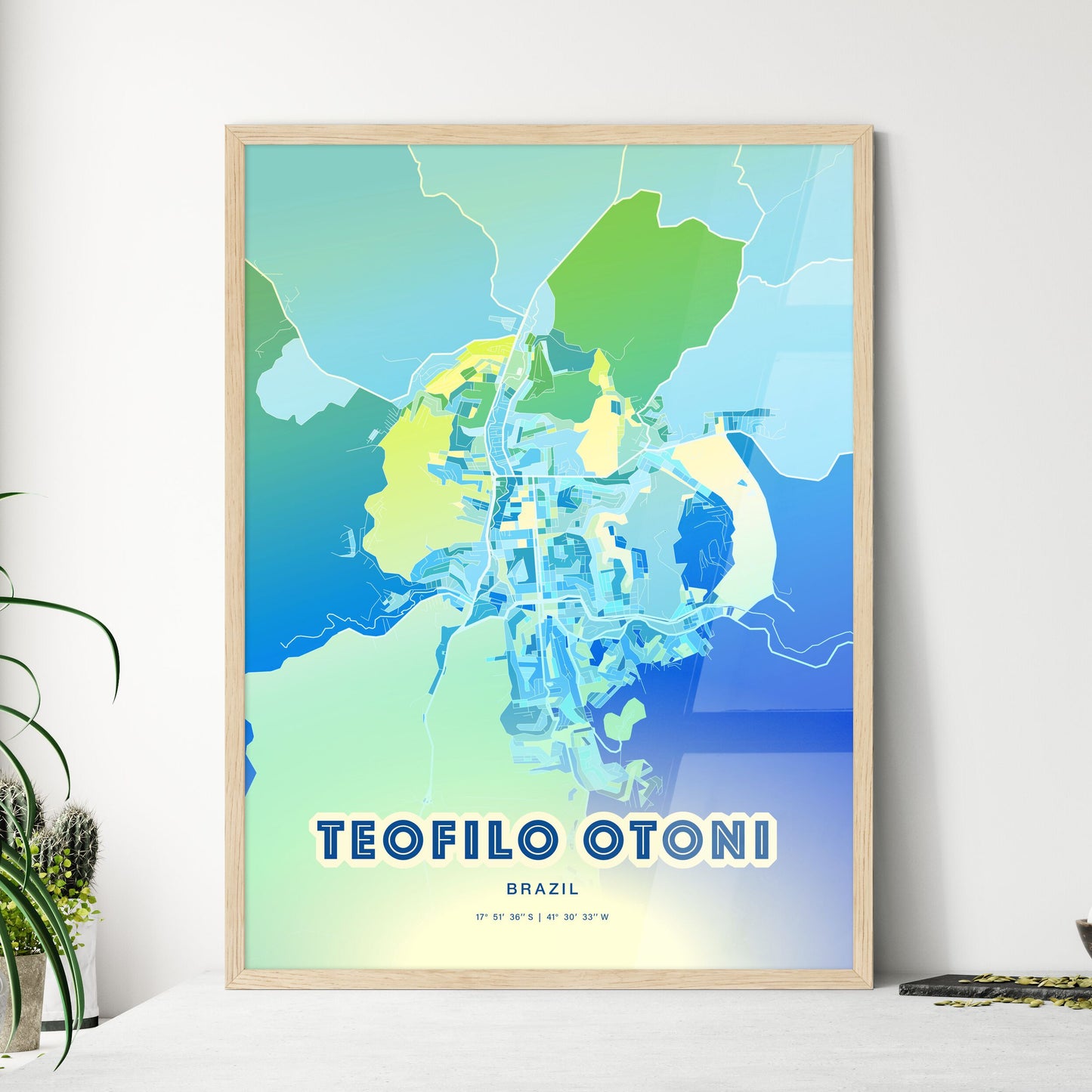 Colorful TEOFILO OTONI BRAZIL Fine Art Map Cool Blue