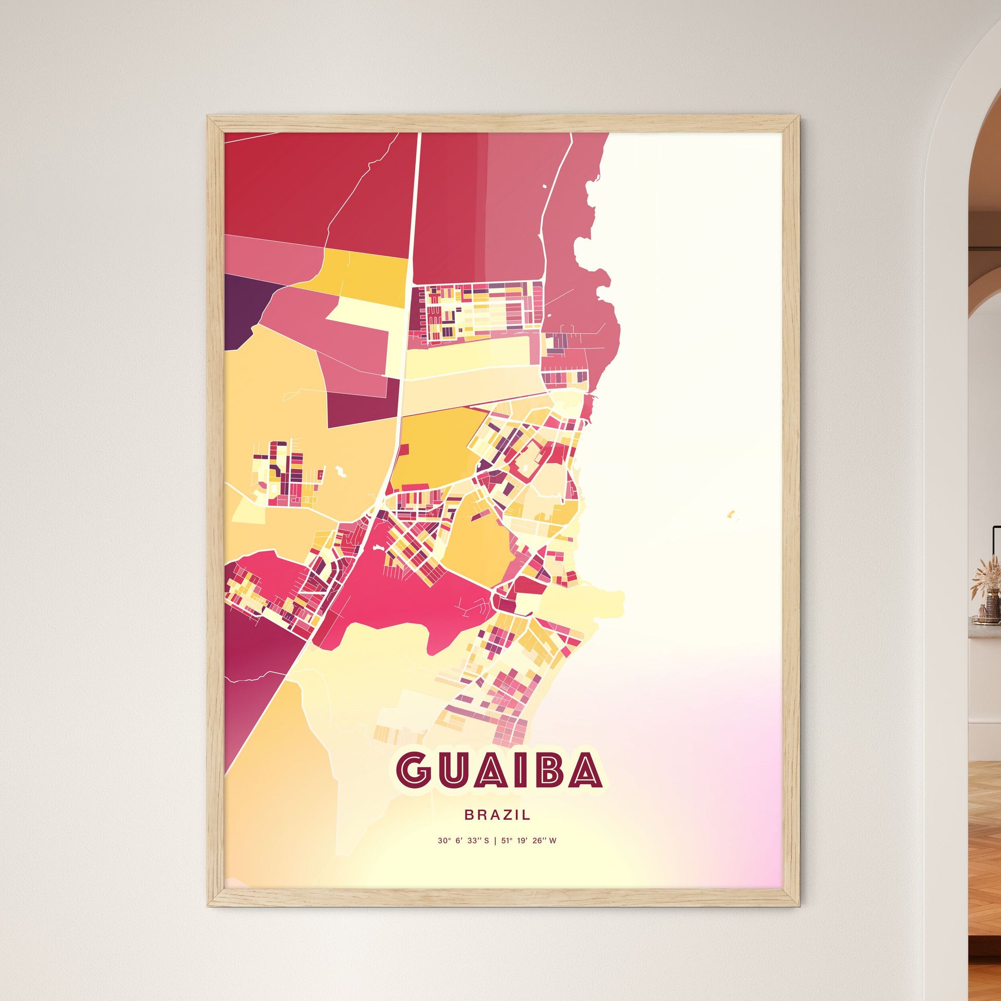 Colorful GUAIBA BRAZIL Fine Art Map Hot Red