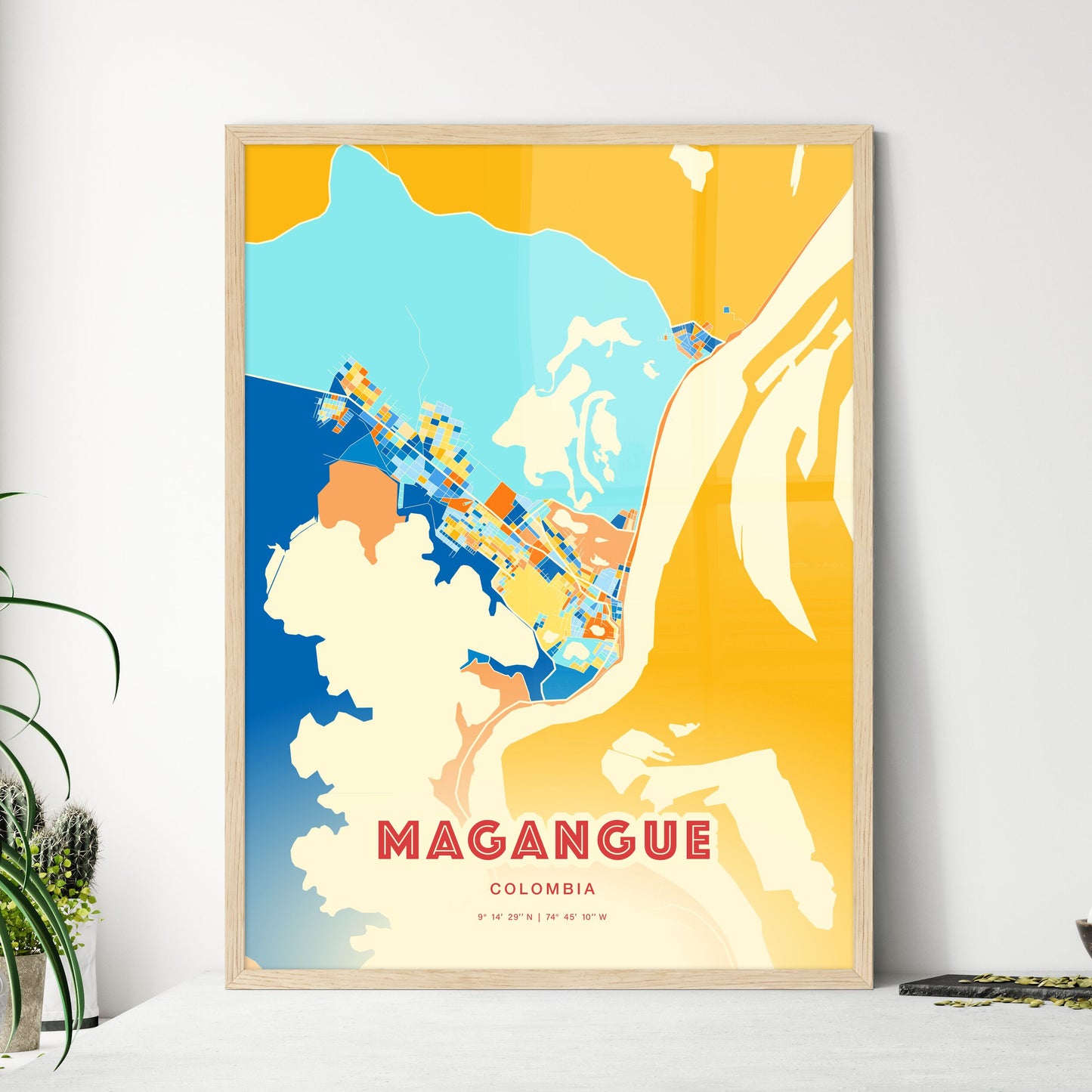 Colorful MAGANGUE COLOMBIA Fine Art Map Blue Orange