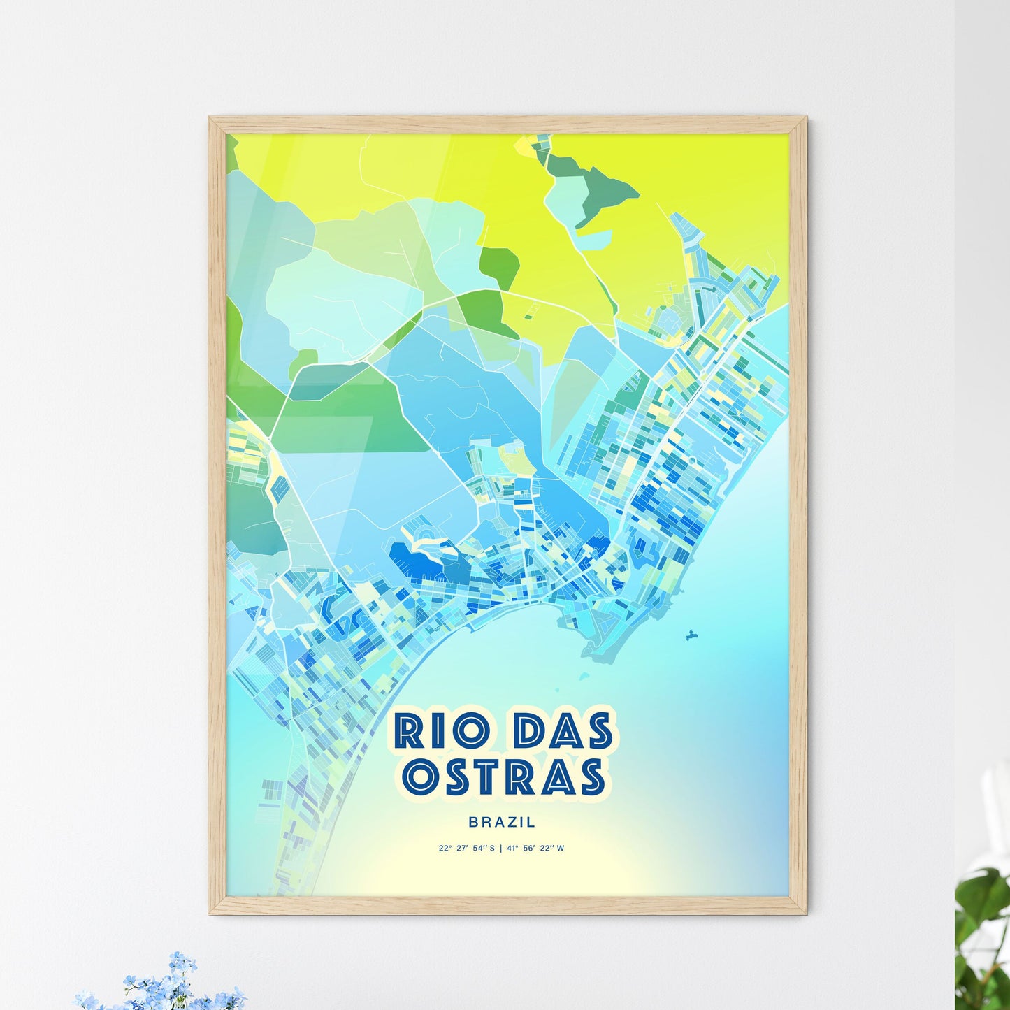 Colorful RIO DAS OSTRAS BRAZIL Fine Art Map Cool Blue