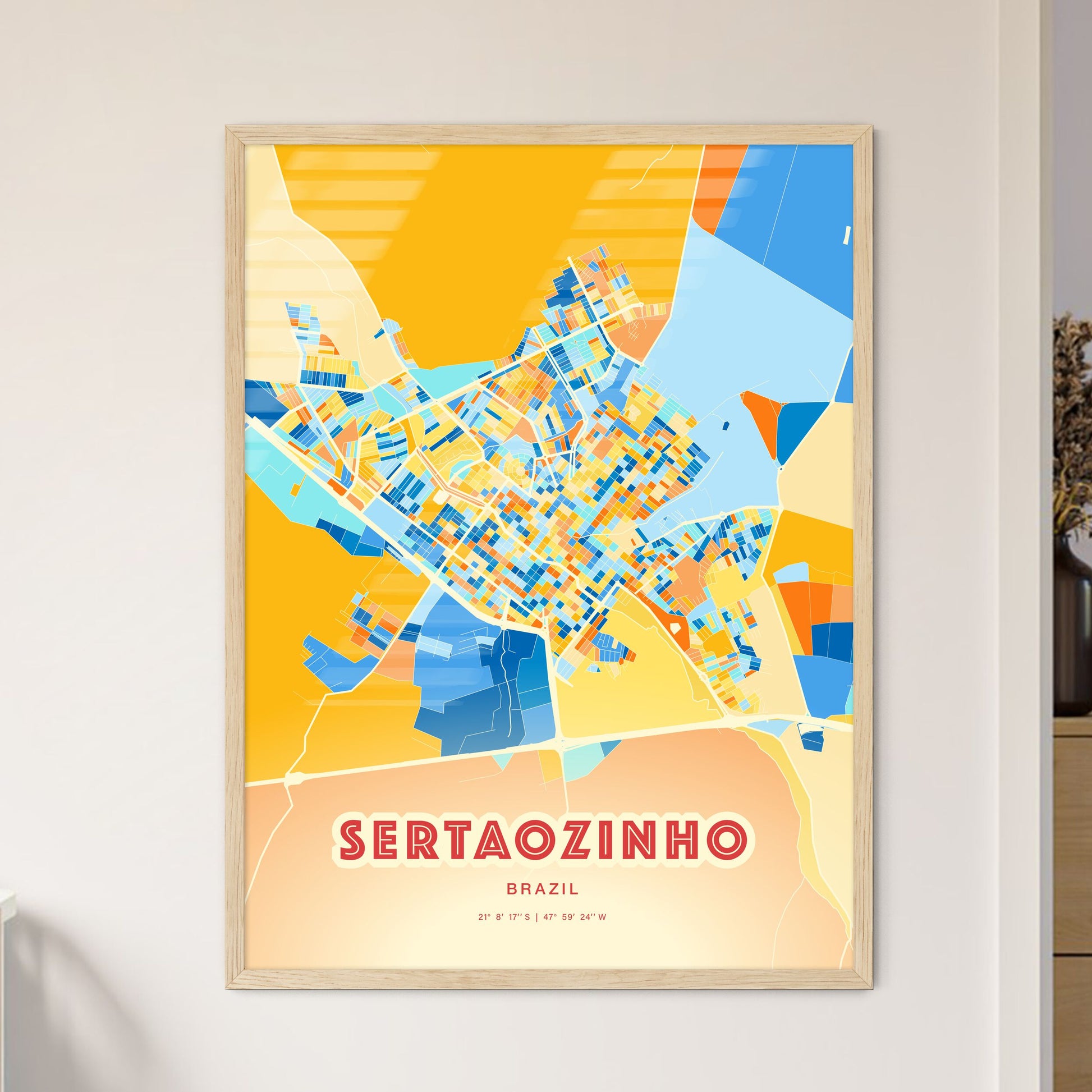 Colorful SERTAOZINHO BRAZIL Fine Art Map Blue Orange