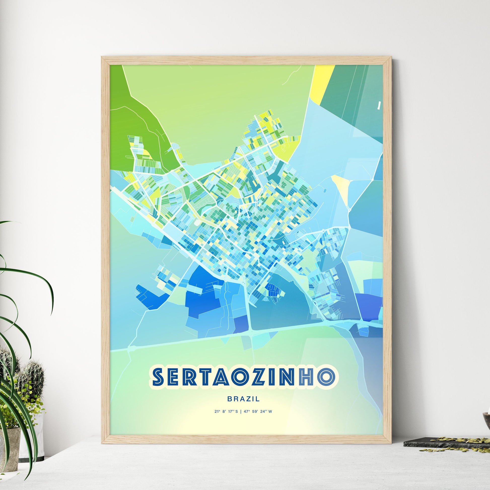 Colorful SERTAOZINHO BRAZIL Fine Art Map Cool Blue
