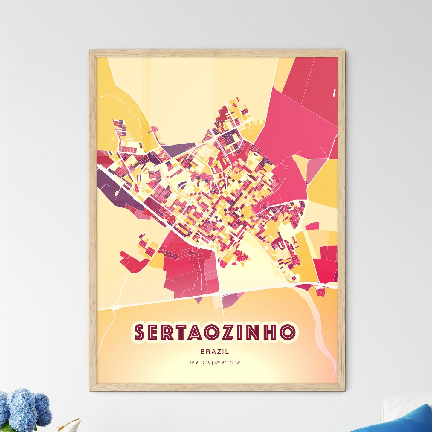 Colorful SERTAOZINHO BRAZIL Fine Art Map Hot Red