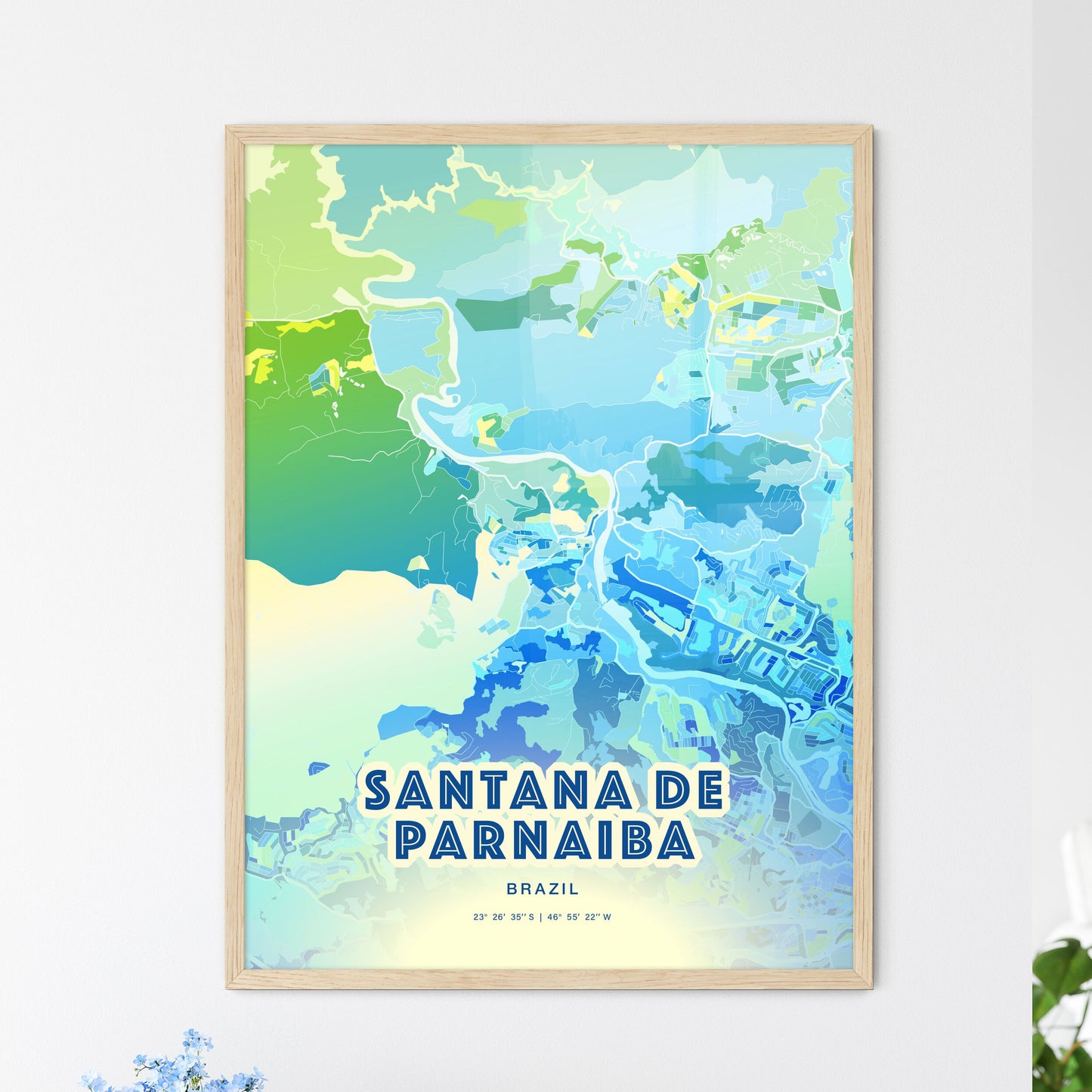 Colorful SANTANA DE PARNAIBA BRAZIL Fine Art Map Cool Blue