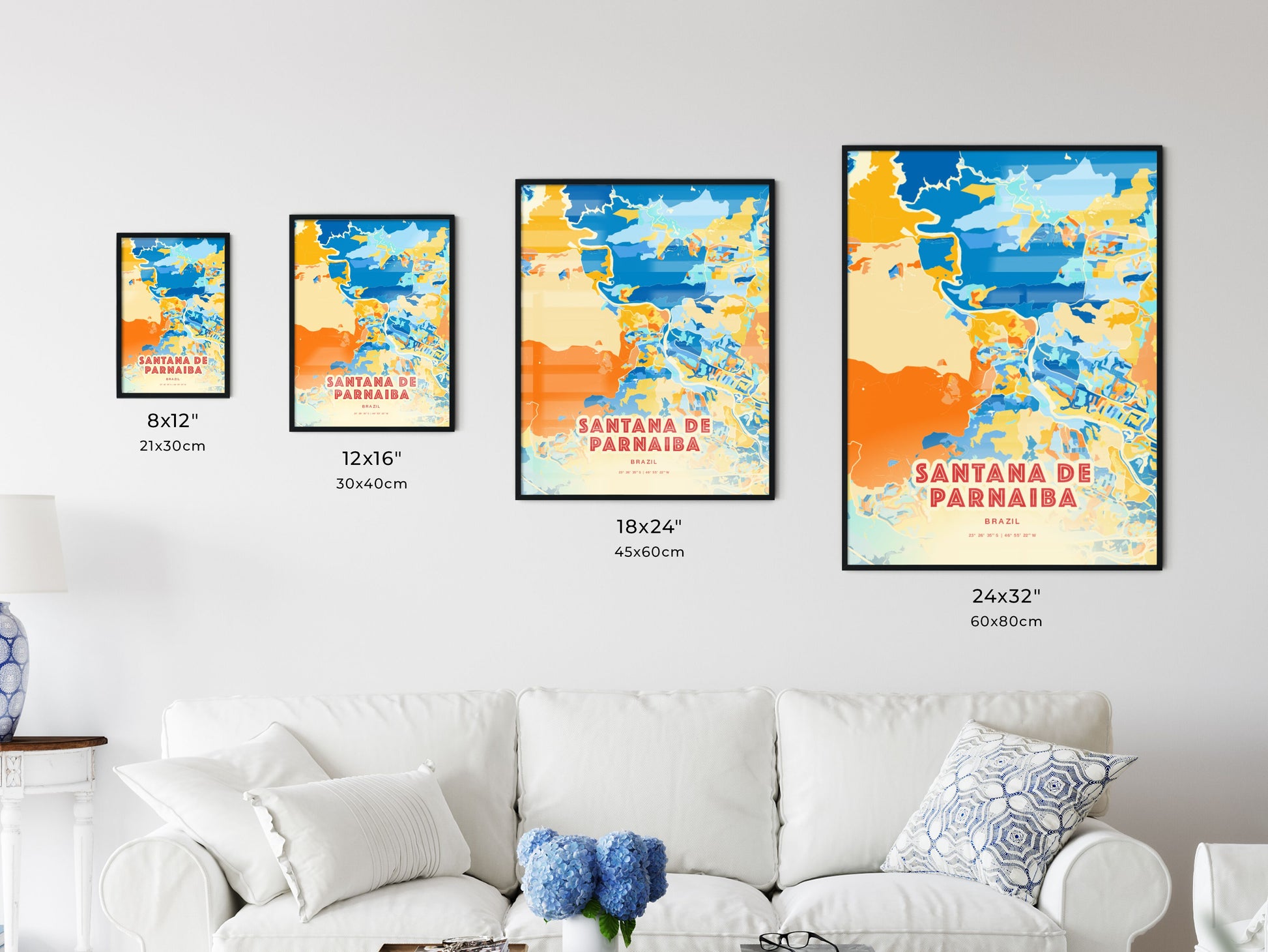 Colorful SANTANA DE PARNAIBA BRAZIL Fine Art Map Blue Orange