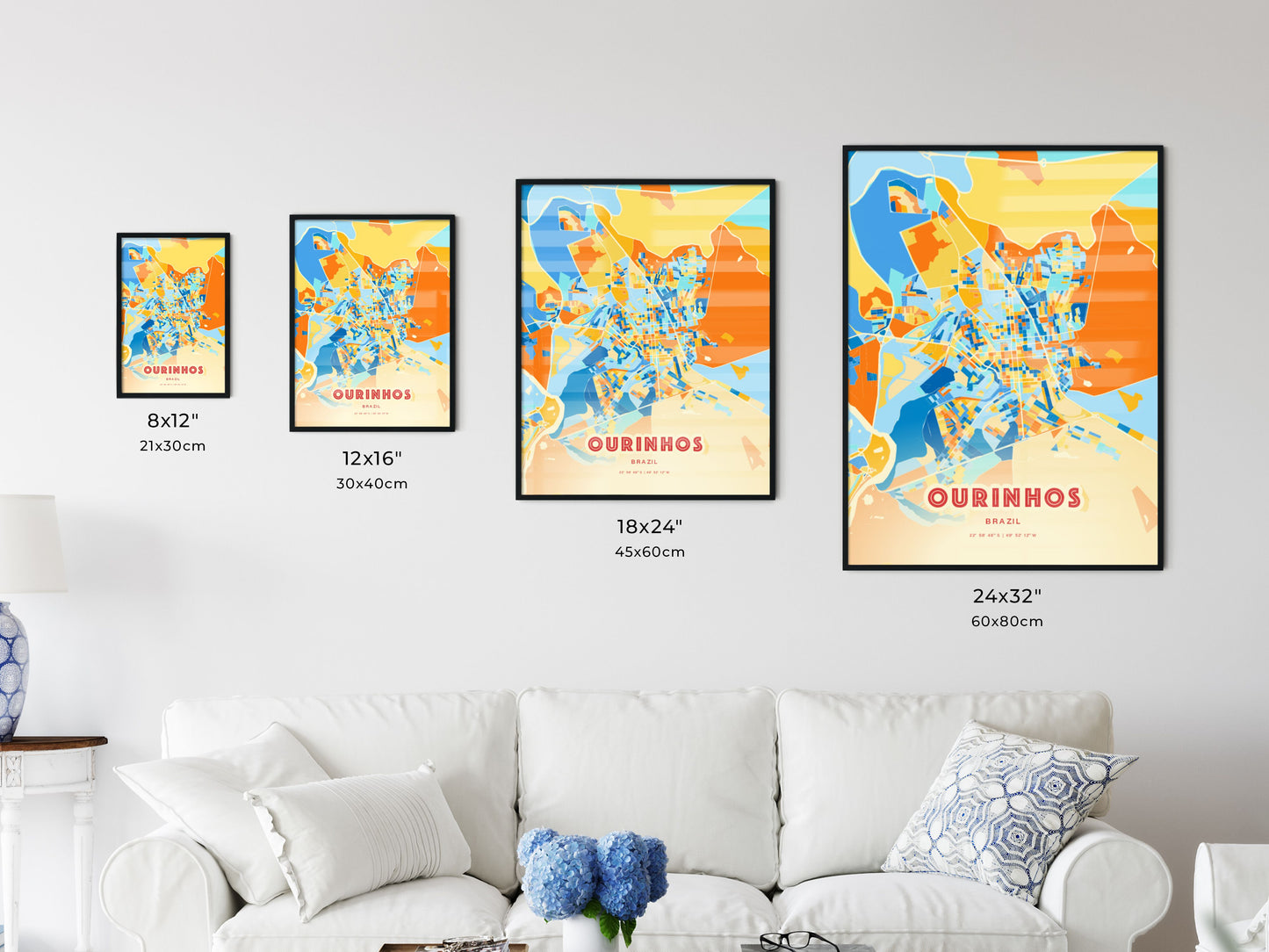 Colorful OURINHOS BRAZIL Fine Art Map Blue Orange