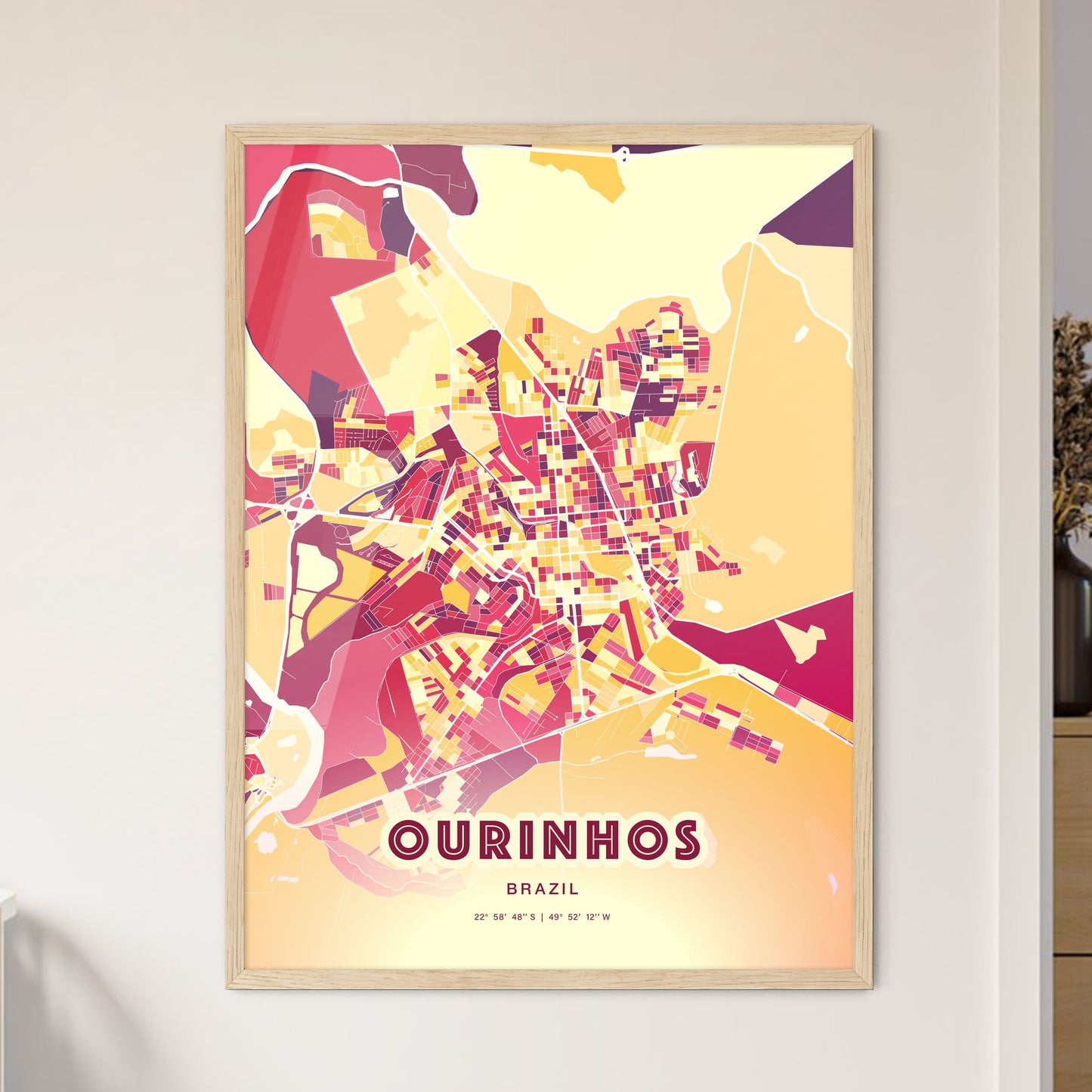 Colorful OURINHOS BRAZIL Fine Art Map Hot Red