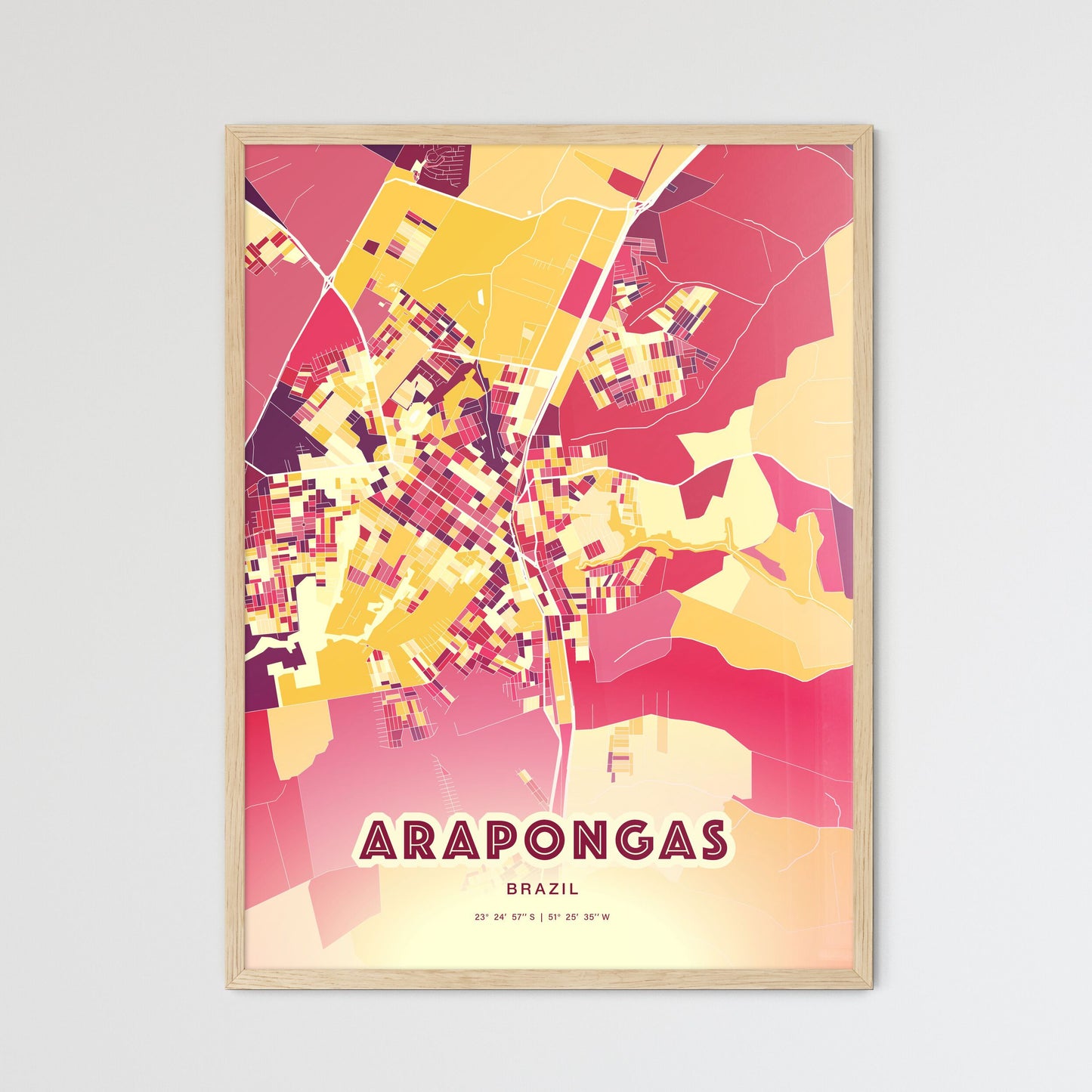 Colorful ARAPONGAS BRAZIL Fine Art Map Hot Red