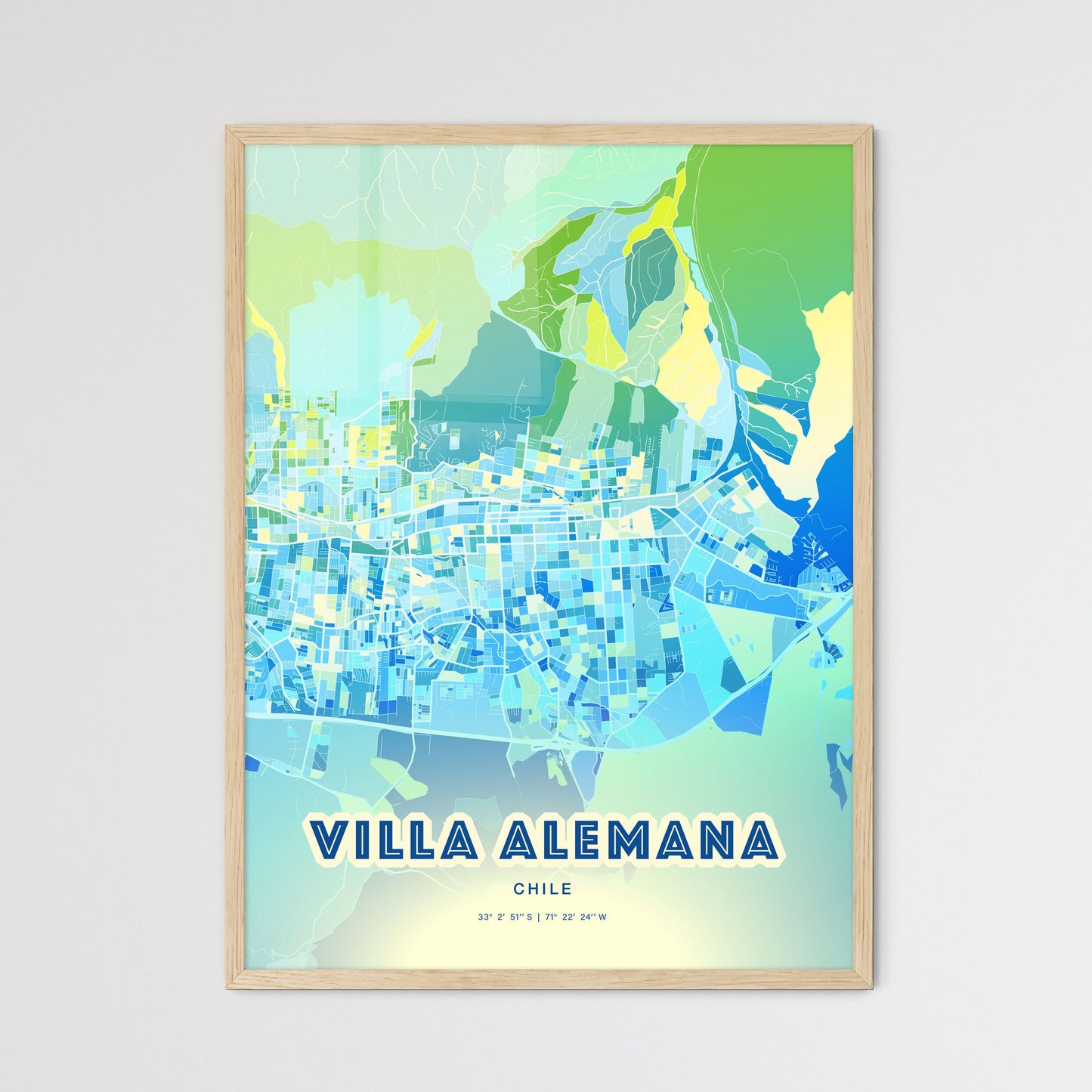 Colorful VILLA ALEMANA CHILE Fine Art Map Cool Blue