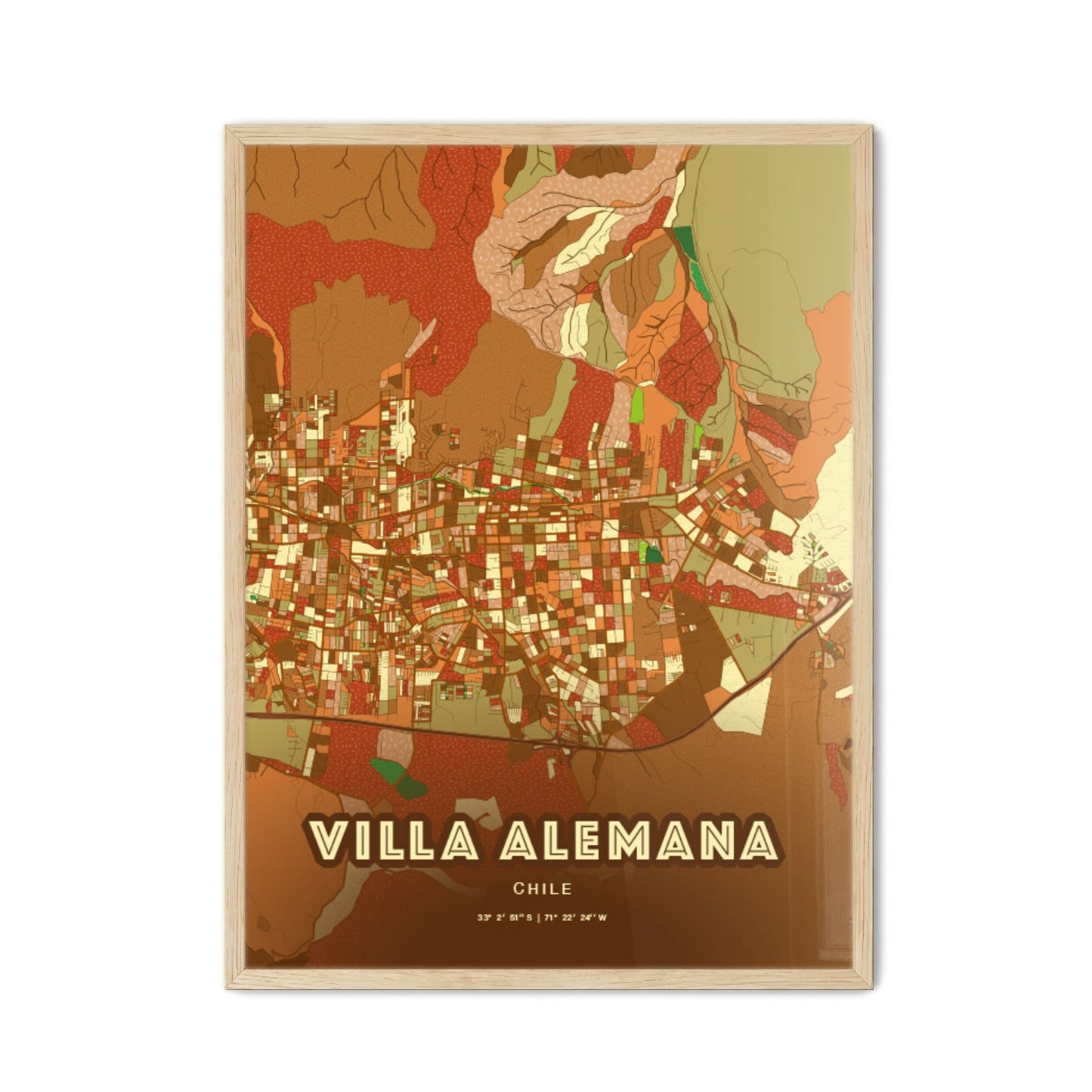 Colorful VILLA ALEMANA CHILE Fine Art Map Farmhouse