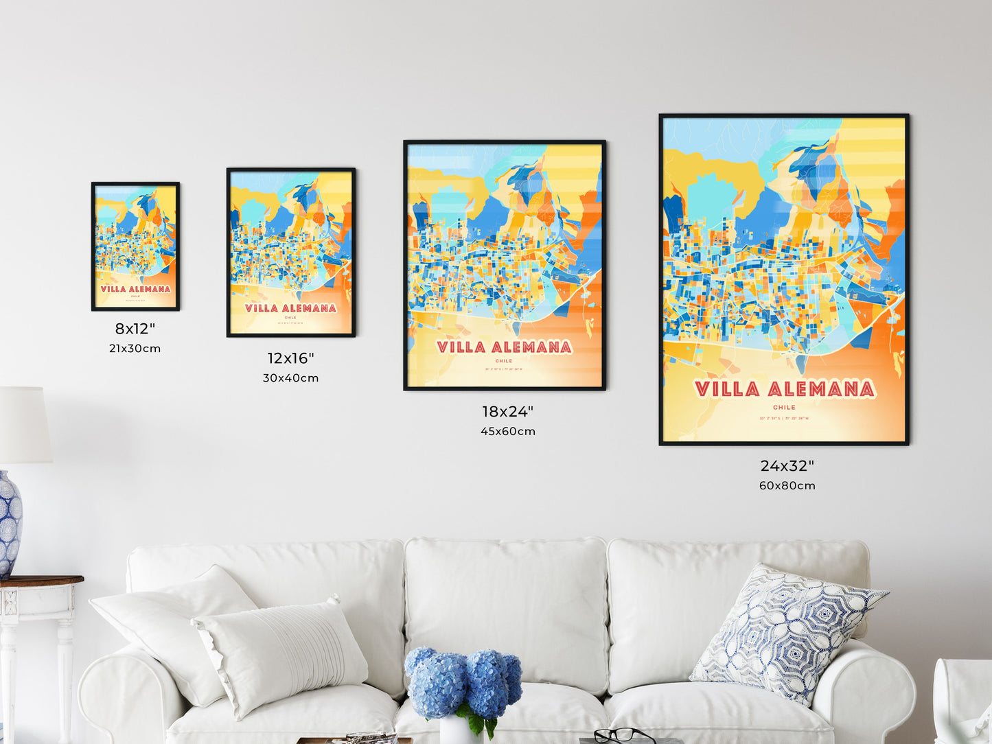 Colorful VILLA ALEMANA CHILE Fine Art Map Blue Orange