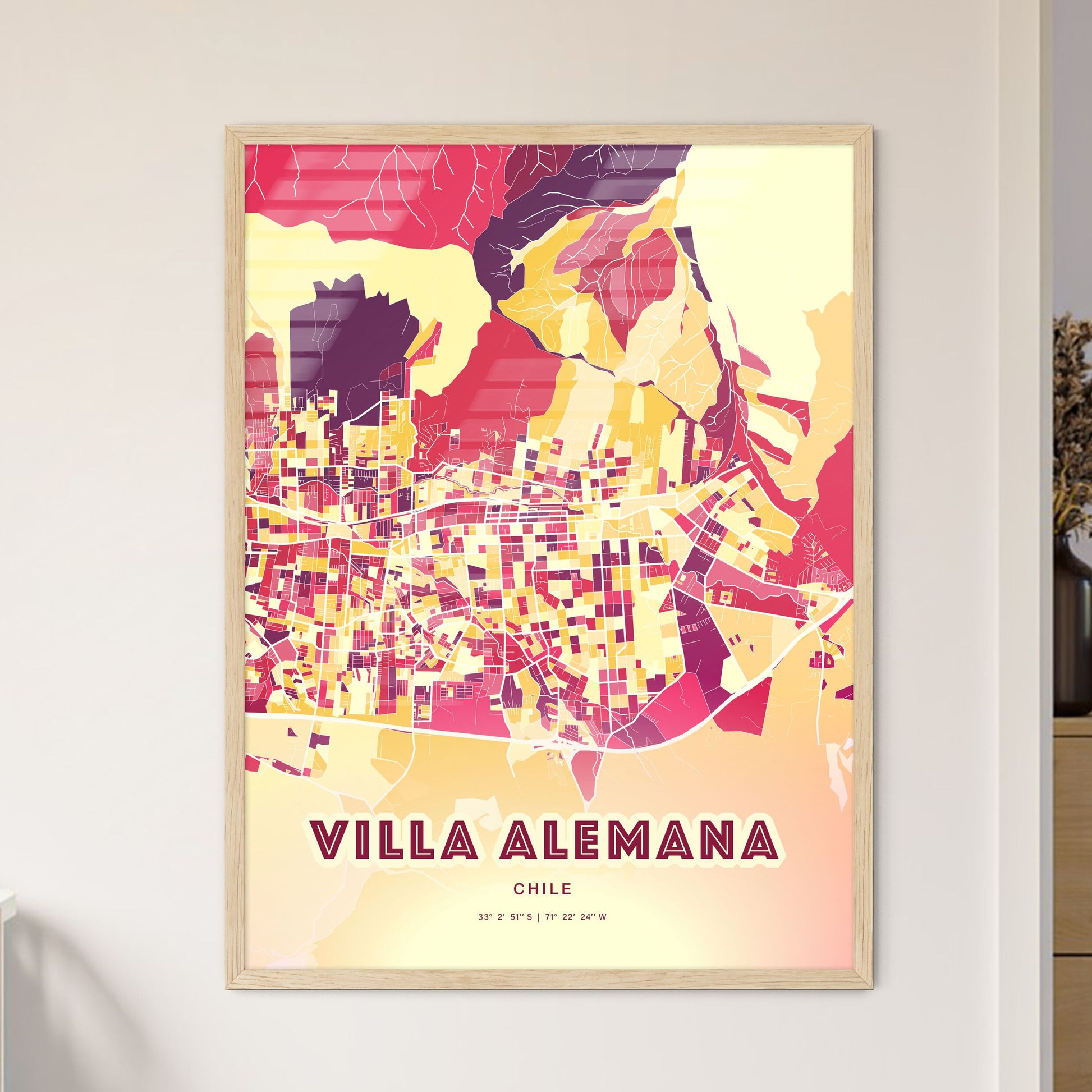 Colorful VILLA ALEMANA CHILE Fine Art Map Hot Red