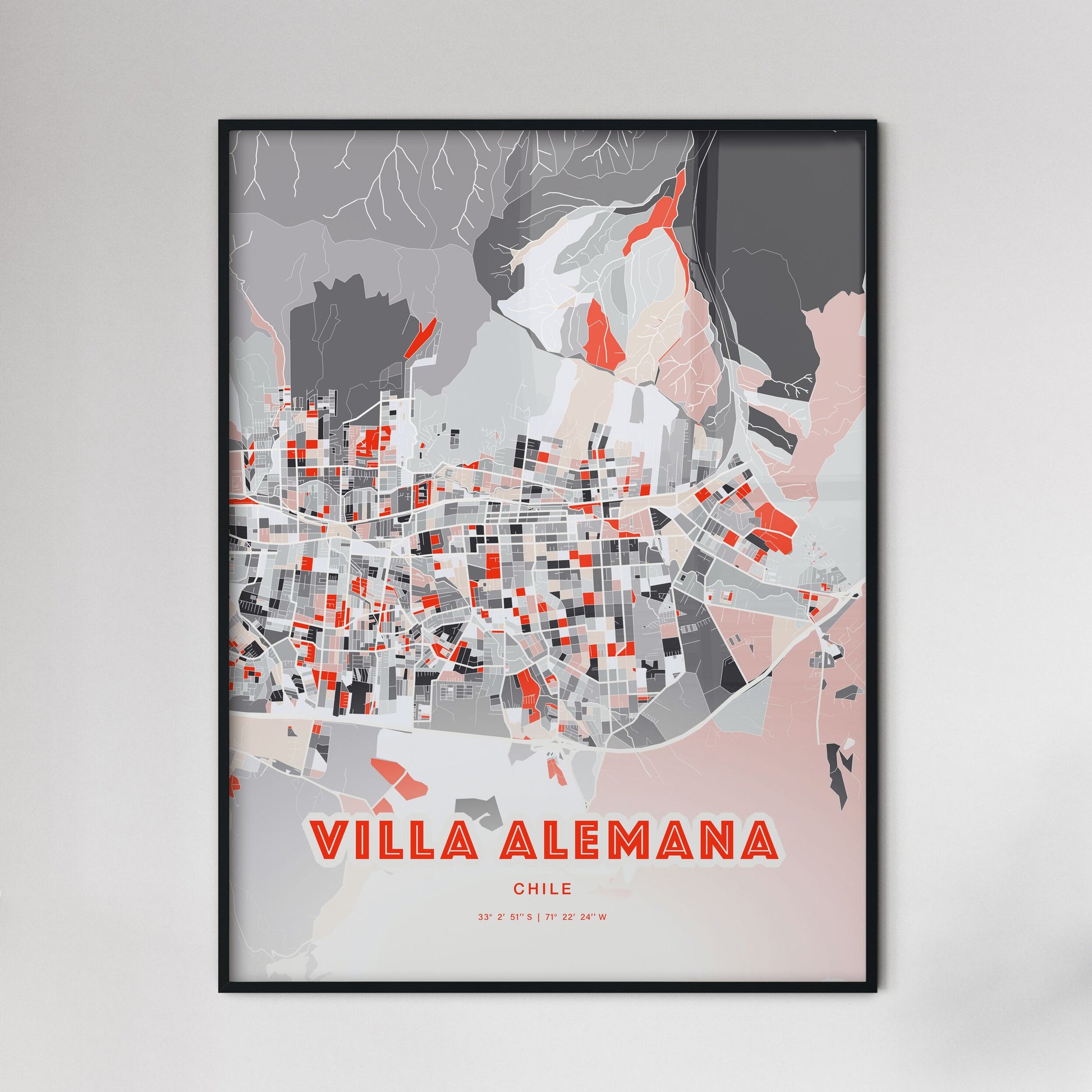 Colorful VILLA ALEMANA CHILE Fine Art Map Modern