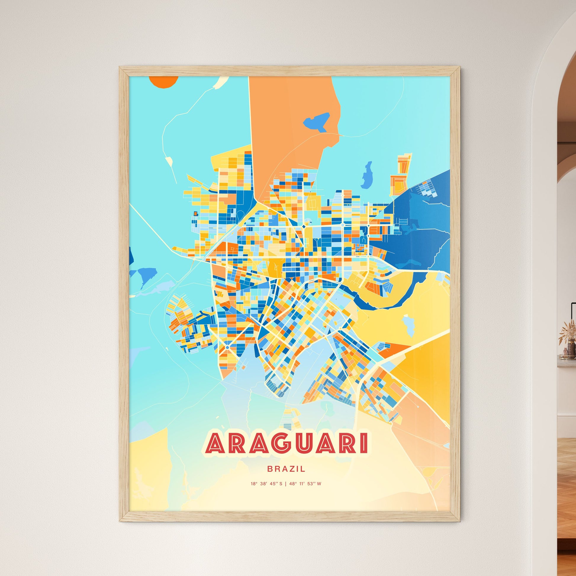 Colorful ARAGUARI BRAZIL Fine Art Map Blue Orange