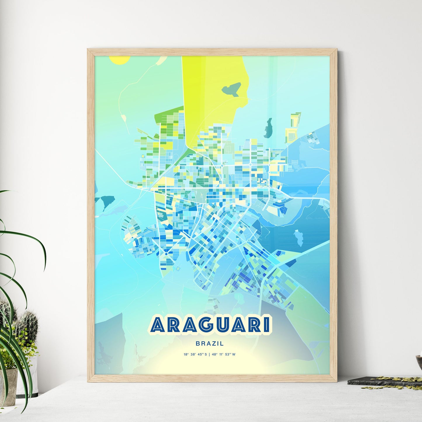 Colorful ARAGUARI BRAZIL Fine Art Map Cool Blue