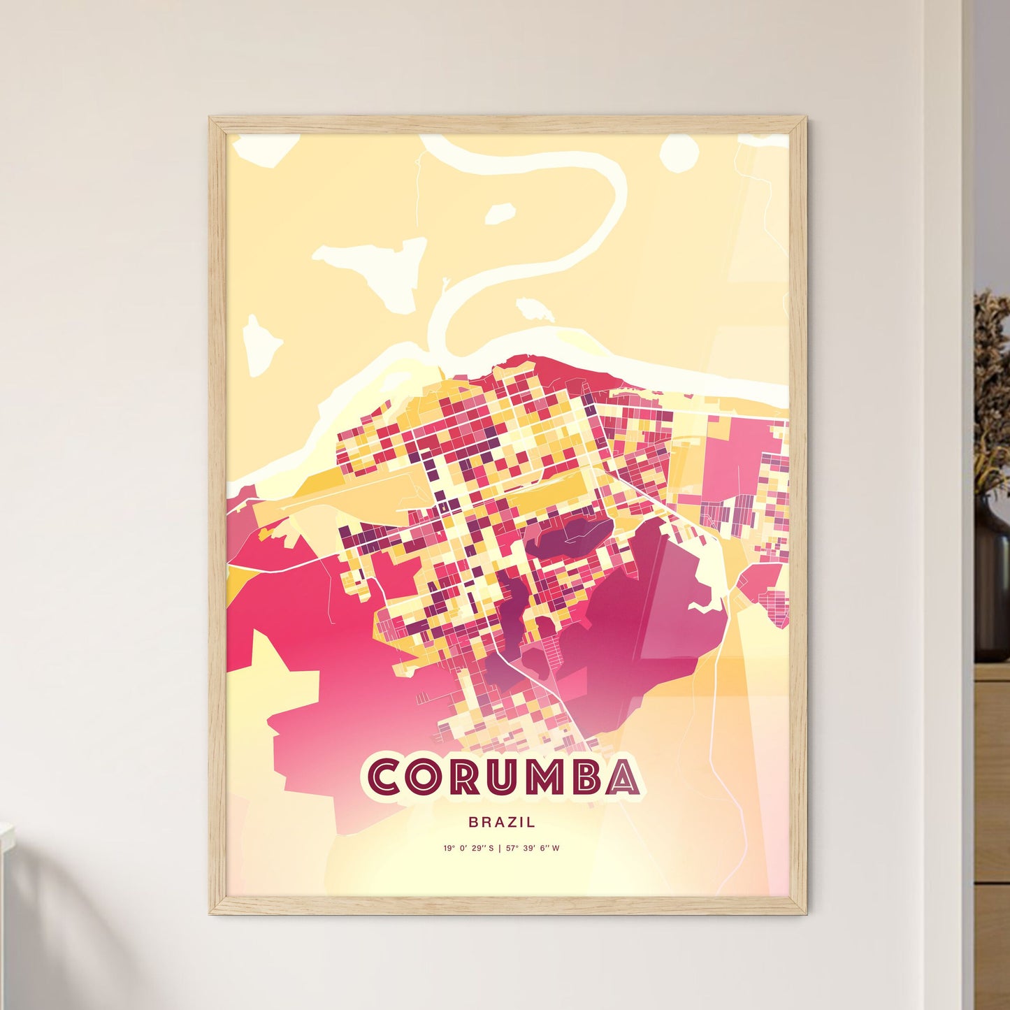 Colorful CORUMBA BRAZIL Fine Art Map Hot Red