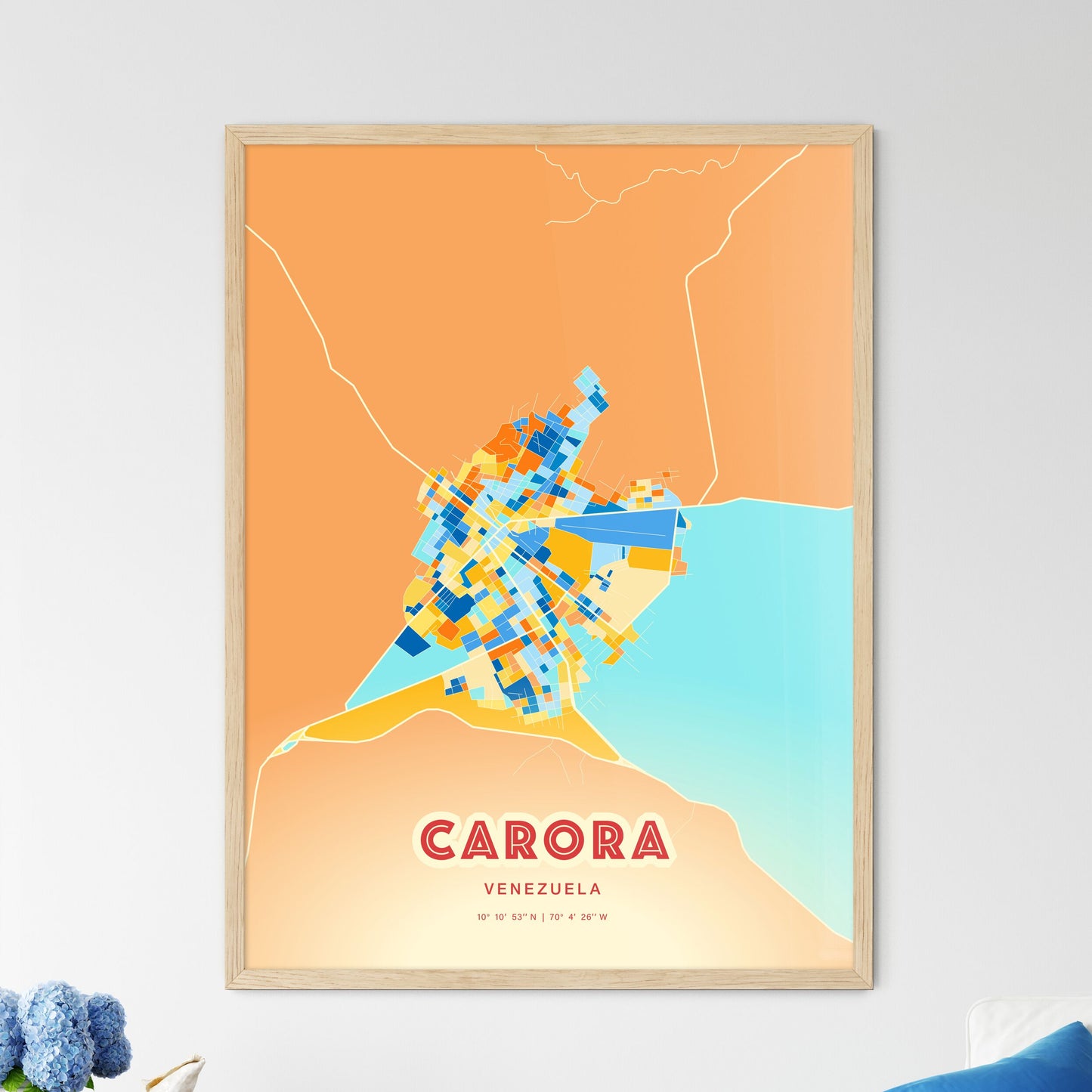 Colorful CARORA VENEZUELA Fine Art Map Blue Orange