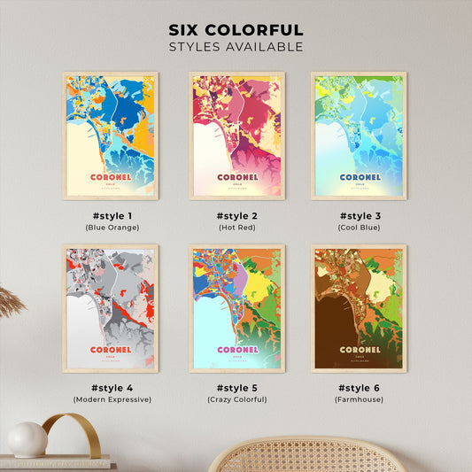 Colorful CORONEL CHILE Fine Art Map Blue Orange