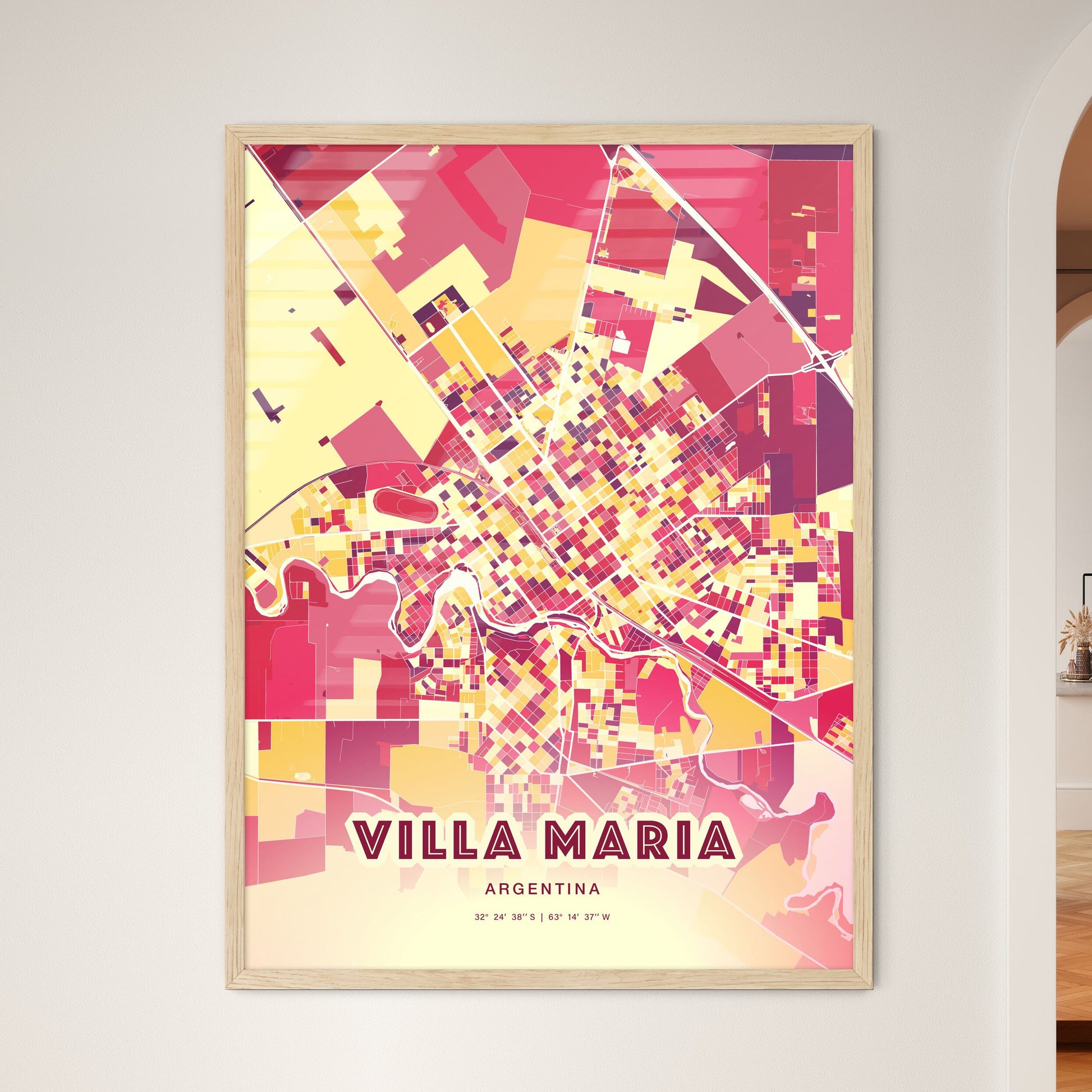 Colorful VILLA MARIA ARGENTINA Fine Art Map Hot Red