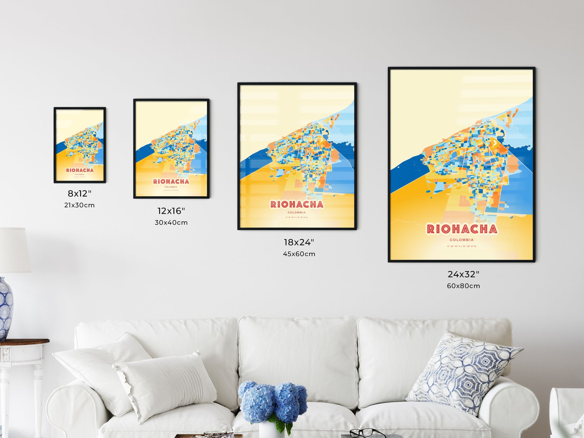 Colorful RIOHACHA COLOMBIA Fine Art Map Blue Orange