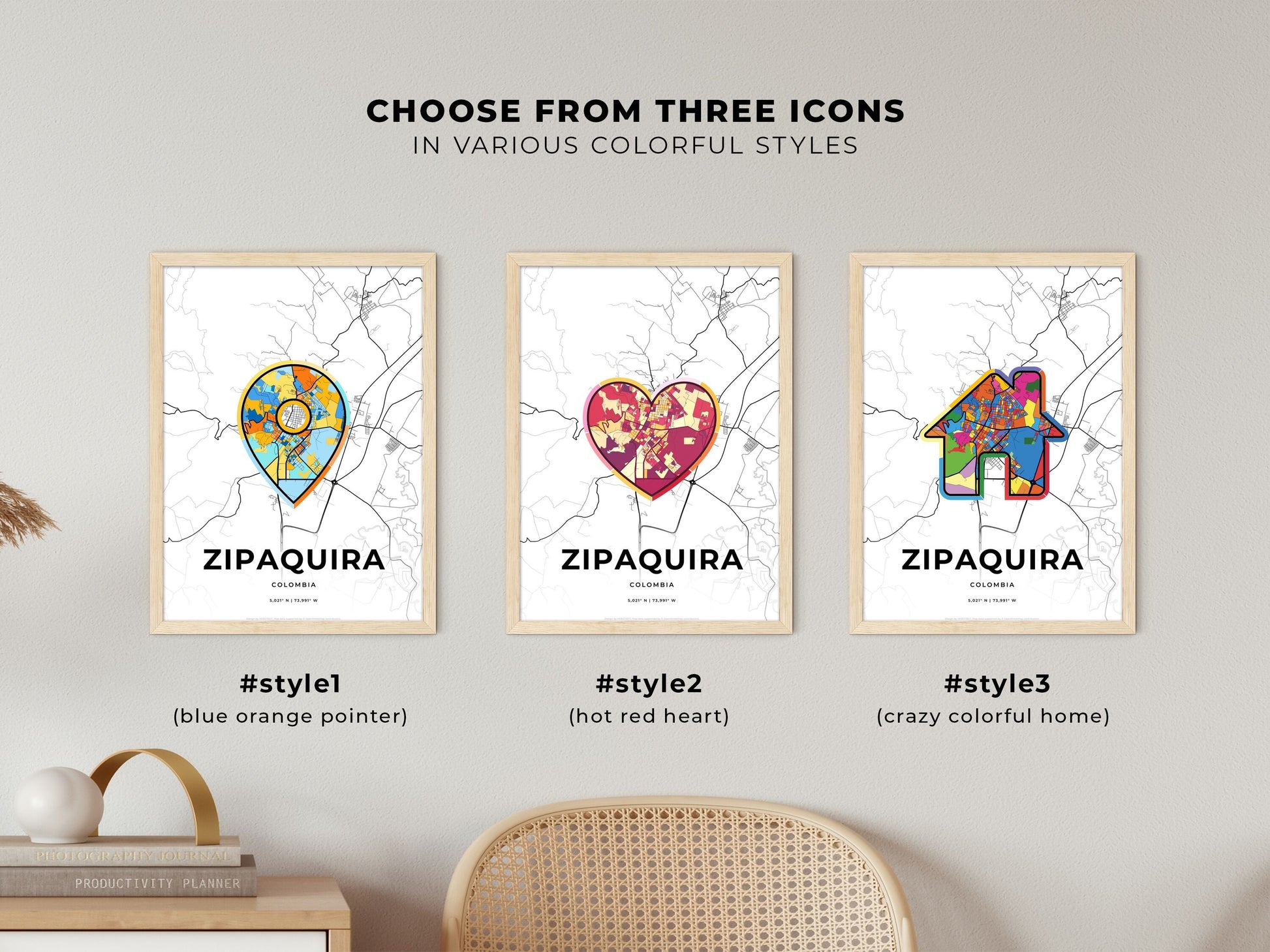 ZIPAQUIRA COLOMBIA minimal art map with a colorful icon. Where it all began, Couple map gift.