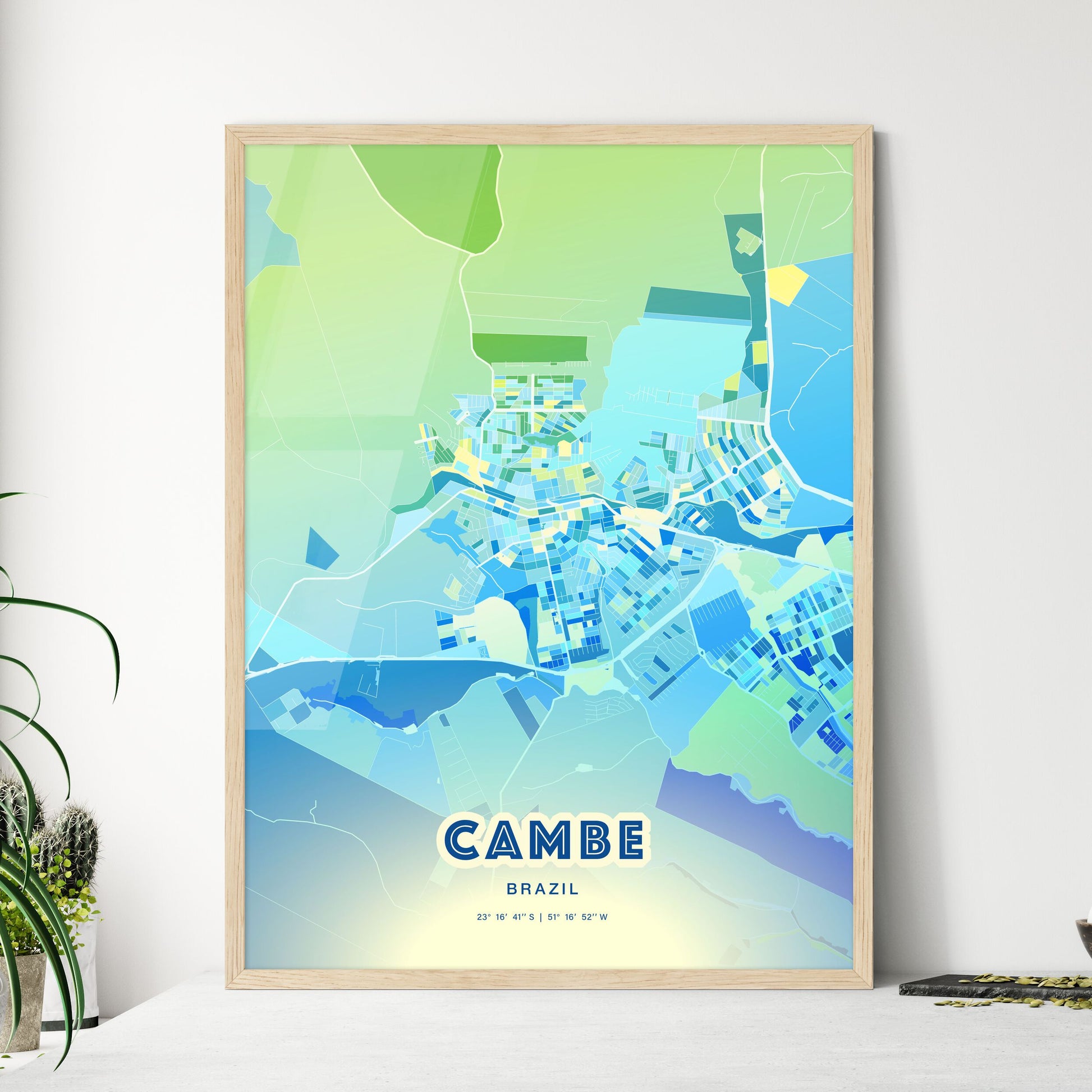 Colorful CAMBE BRAZIL Fine Art Map Cool Blue