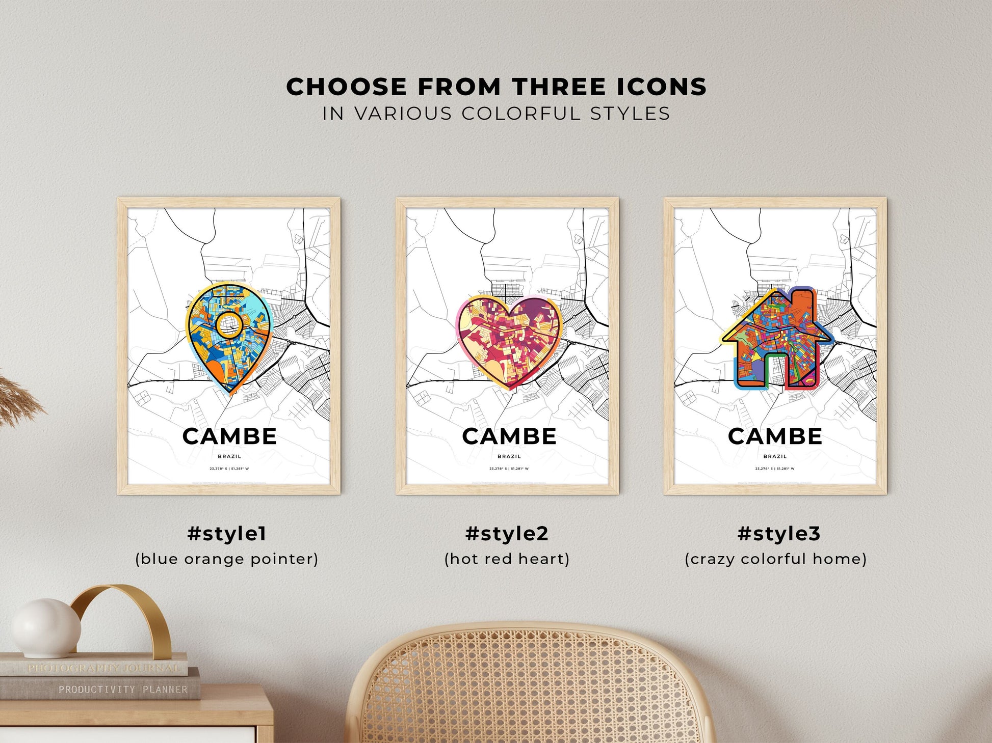 Cambe Brazil maps with colorful icons