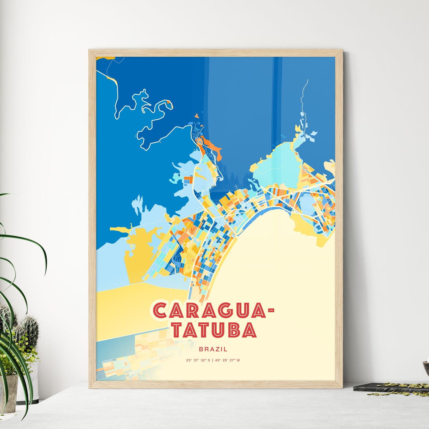 Colorful CARAGUATATUBA BRAZIL Fine Art Map Blue Orange