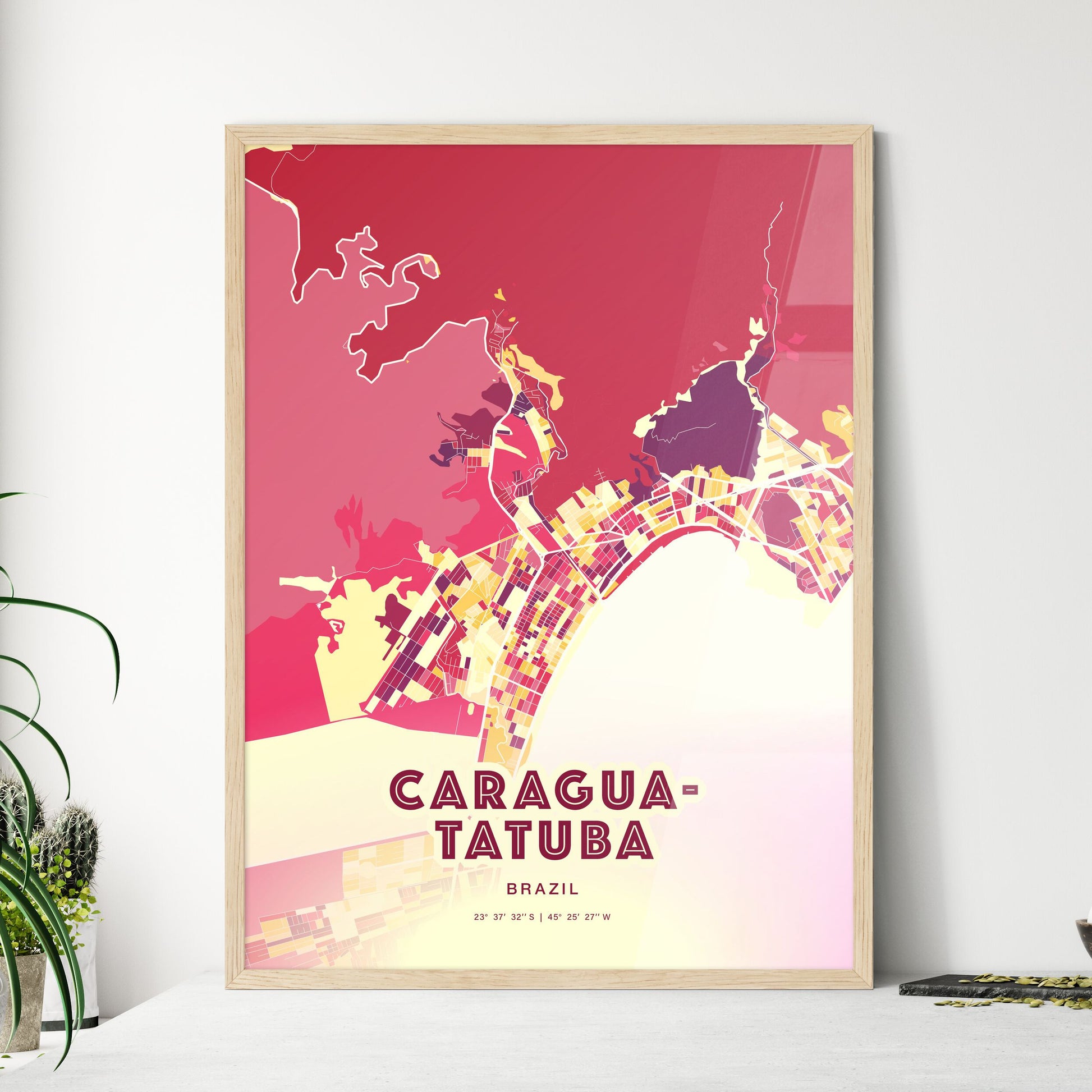 Colorful CARAGUATATUBA BRAZIL Fine Art Map Hot Red