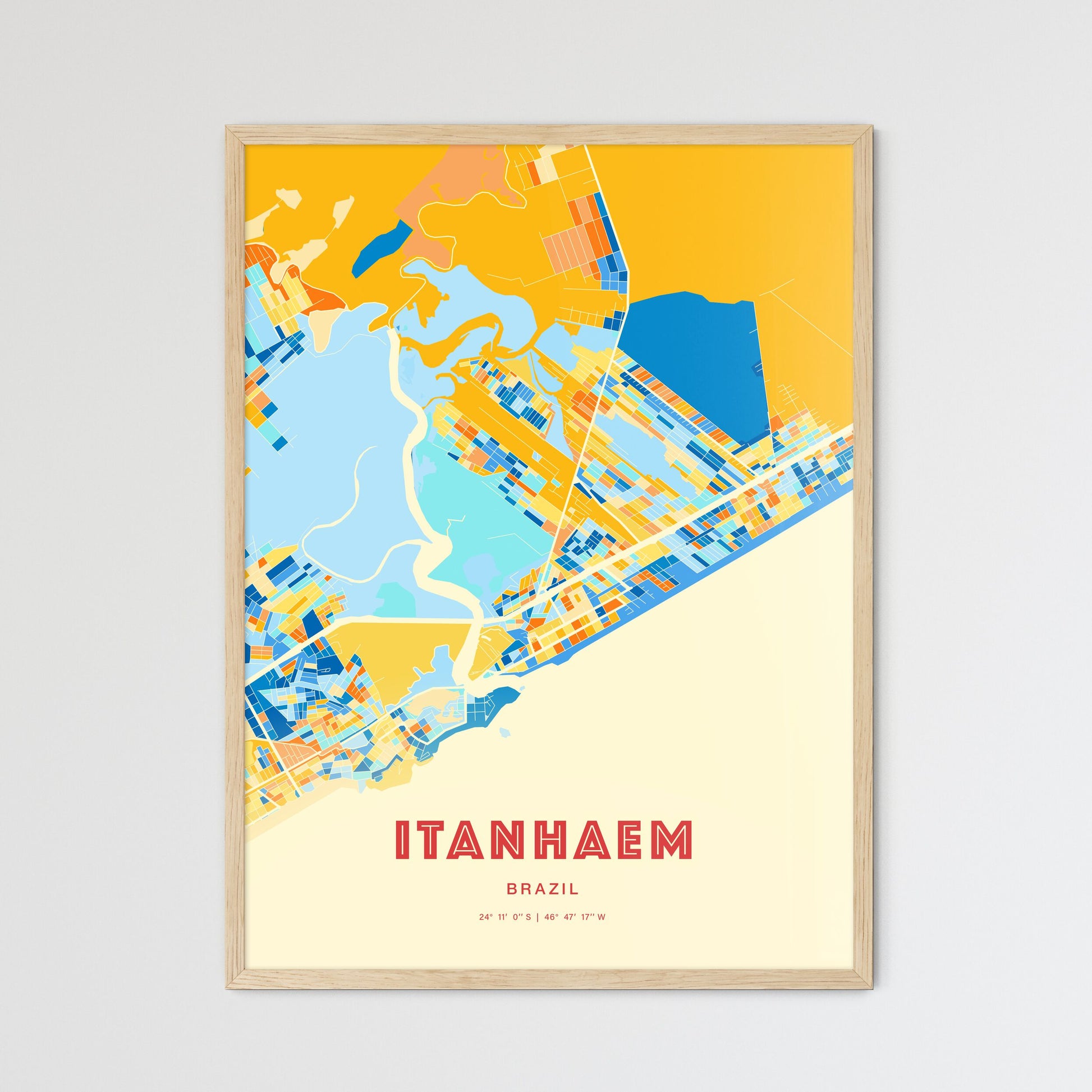 Colorful ITANHAEM BRAZIL Fine Art Map Blue Orange