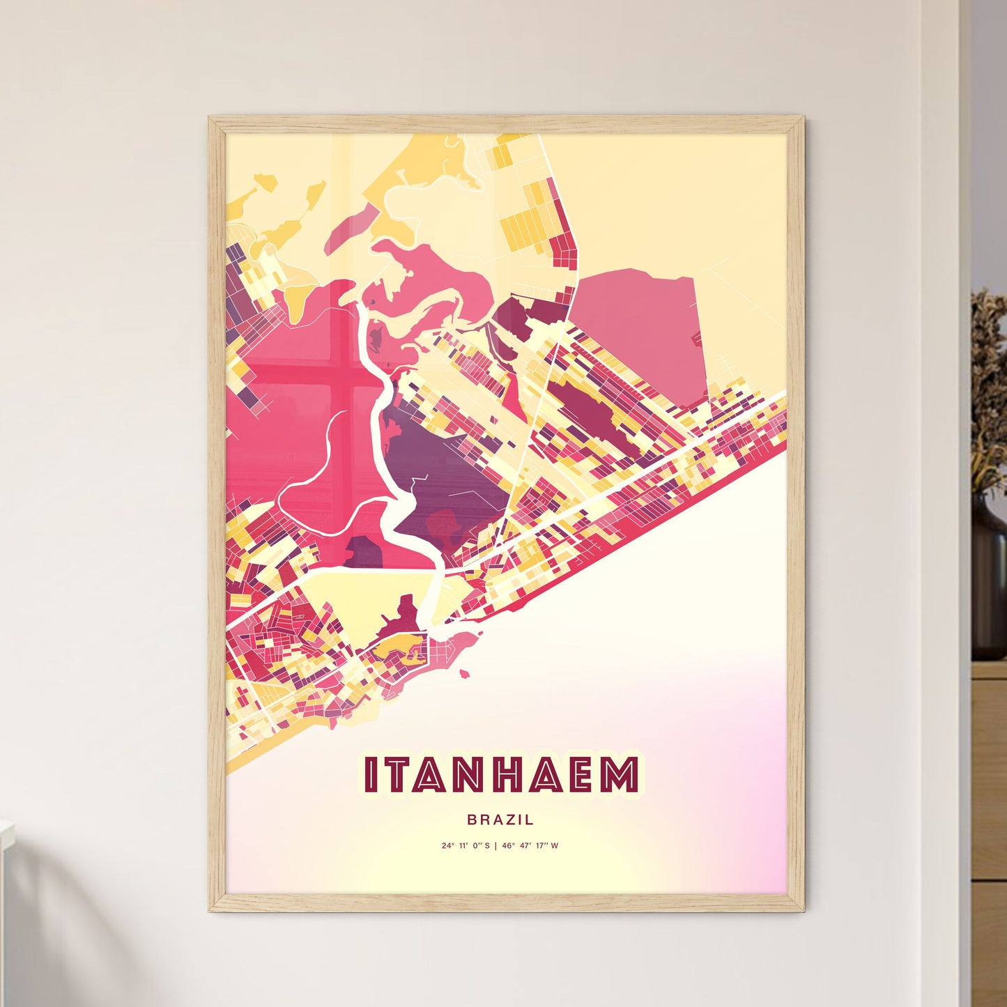 Colorful ITANHAEM BRAZIL Fine Art Map Hot Red