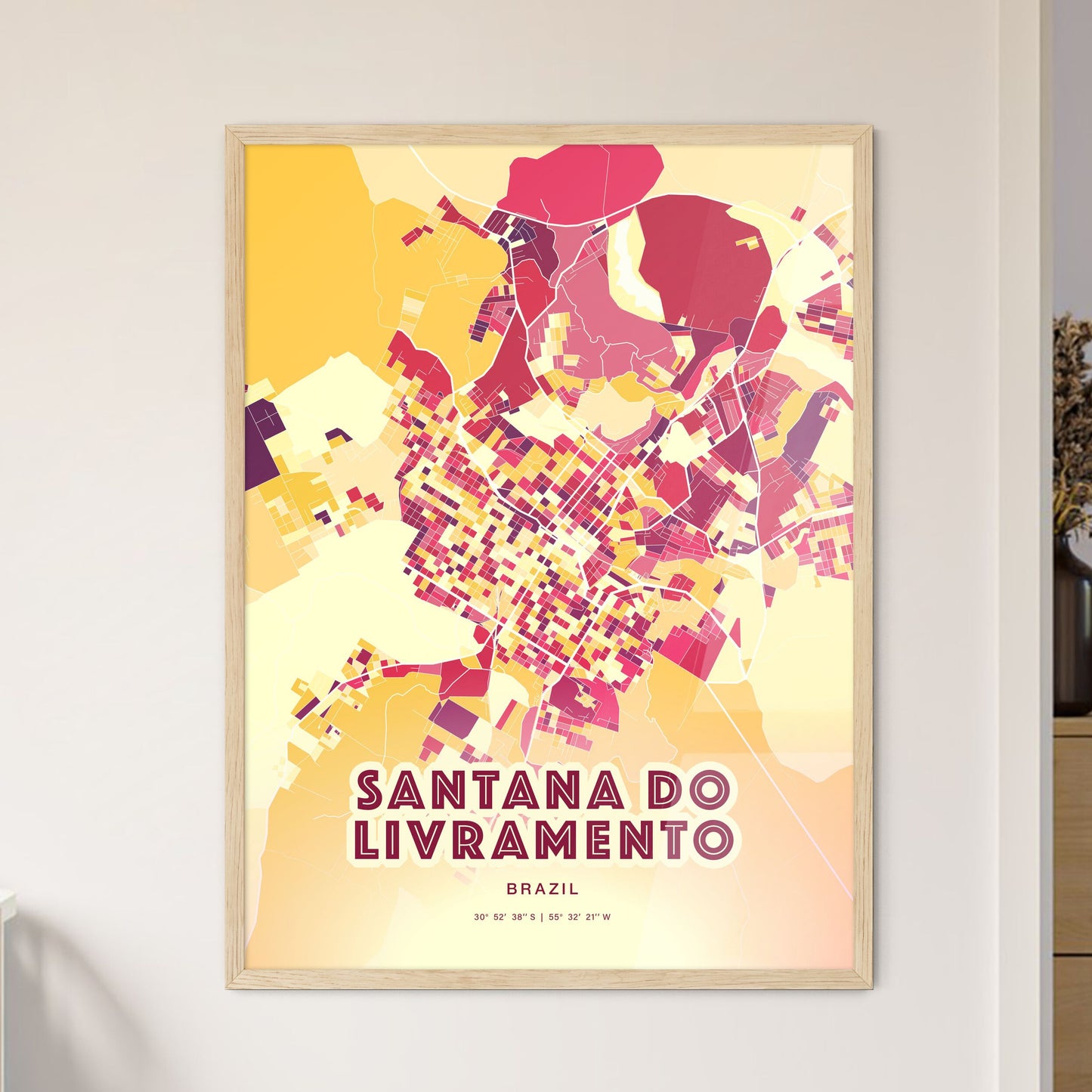 Colorful SANTANA DO LIVRAMENTO BRAZIL Fine Art Map Hot Red