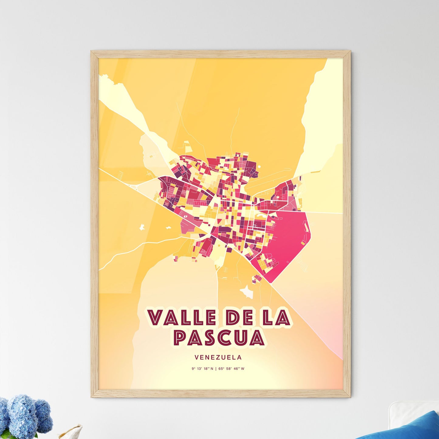 Colorful VALLE DE LA PASCUA VENEZUELA Fine Art Map Hot Red