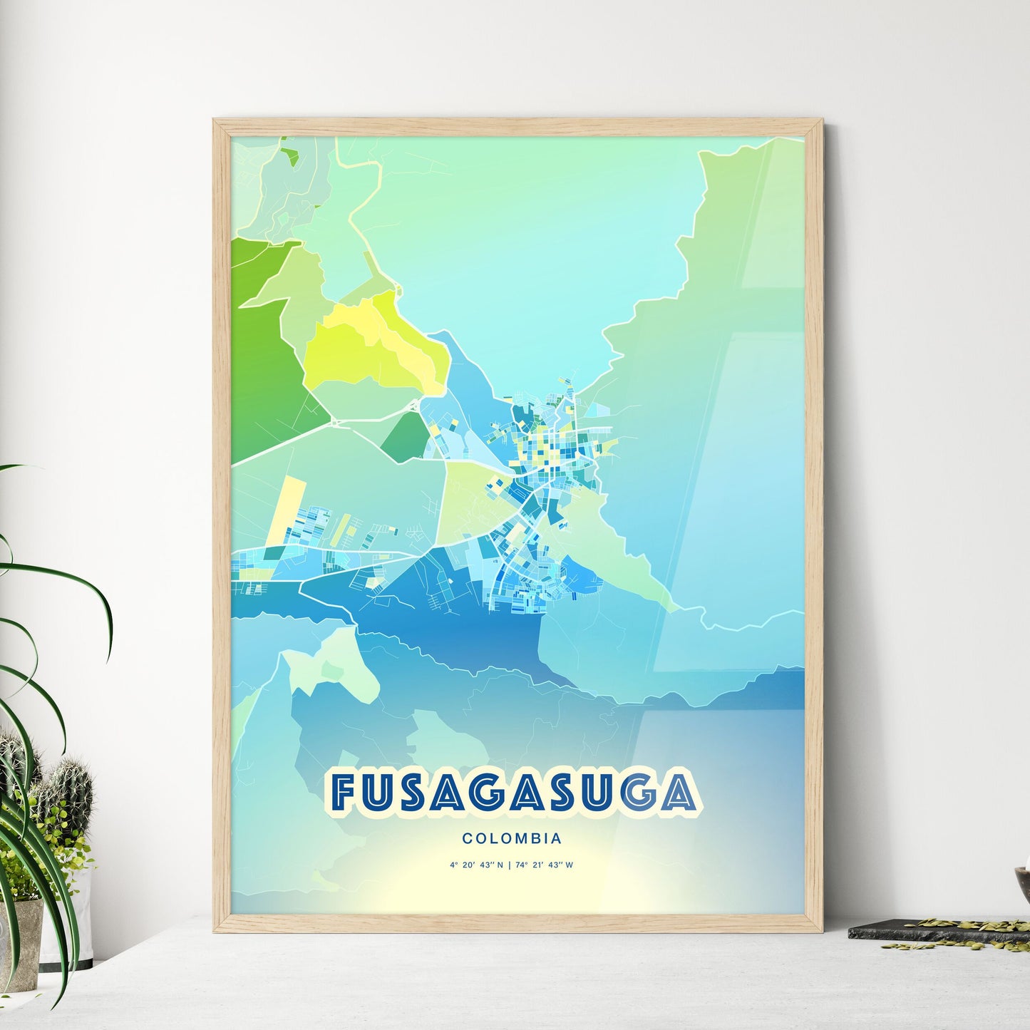 Colorful FUSAGASUGA COLOMBIA Fine Art Map Cool Blue