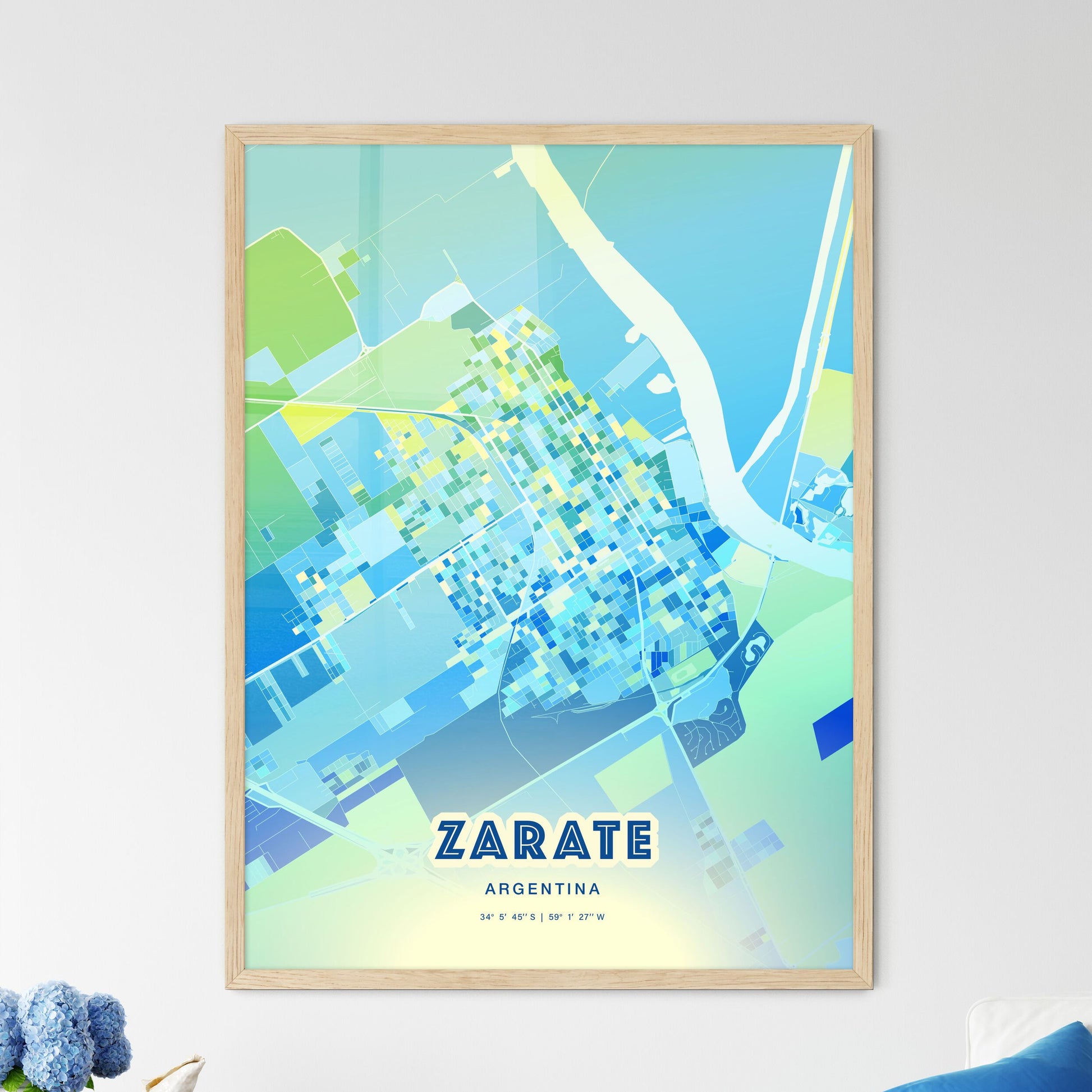 Colorful ZARATE ARGENTINA Fine Art Map Cool Blue