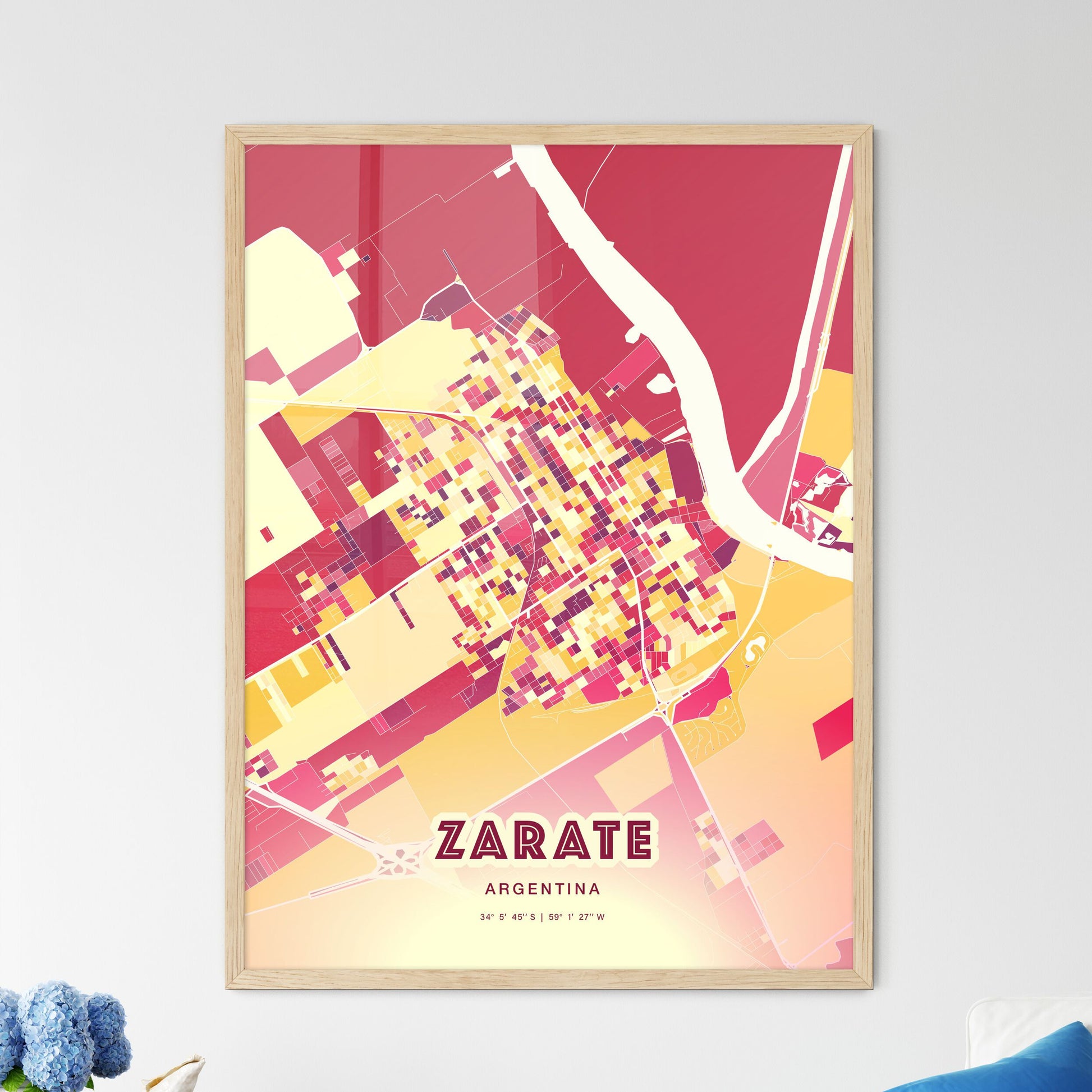 Colorful ZARATE ARGENTINA Fine Art Map Hot Red