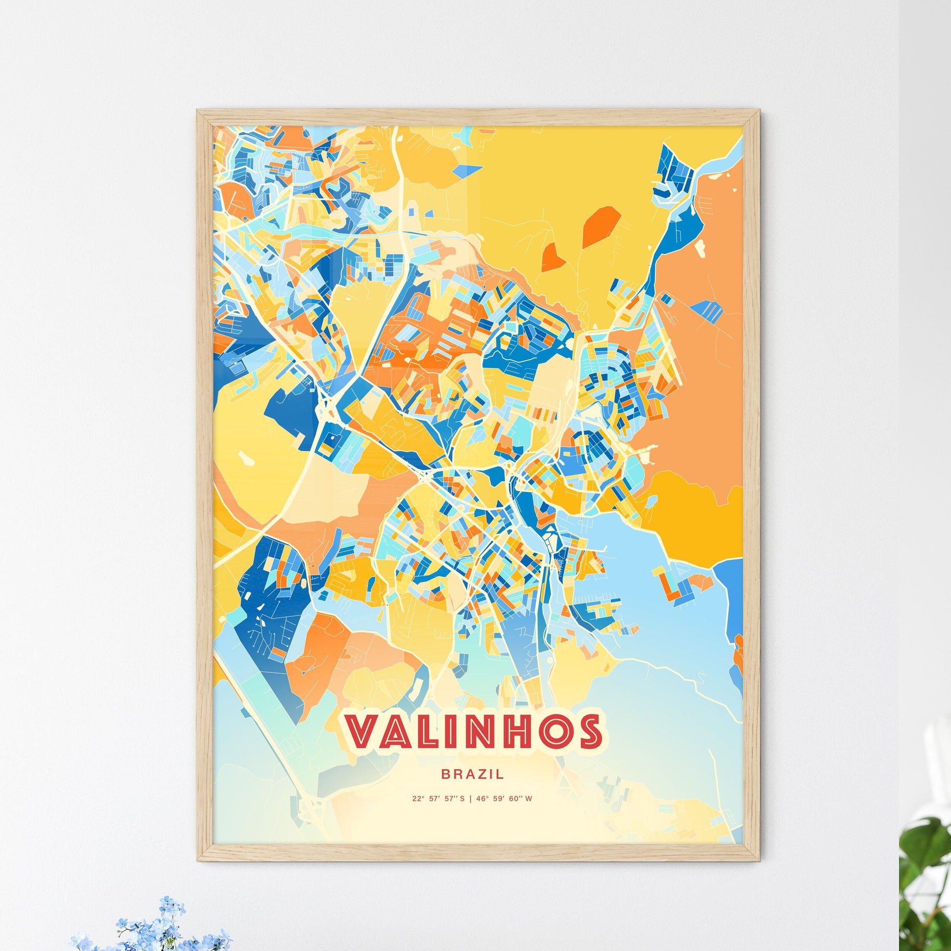 Colorful VALINHOS BRAZIL Fine Art Map Blue Orange