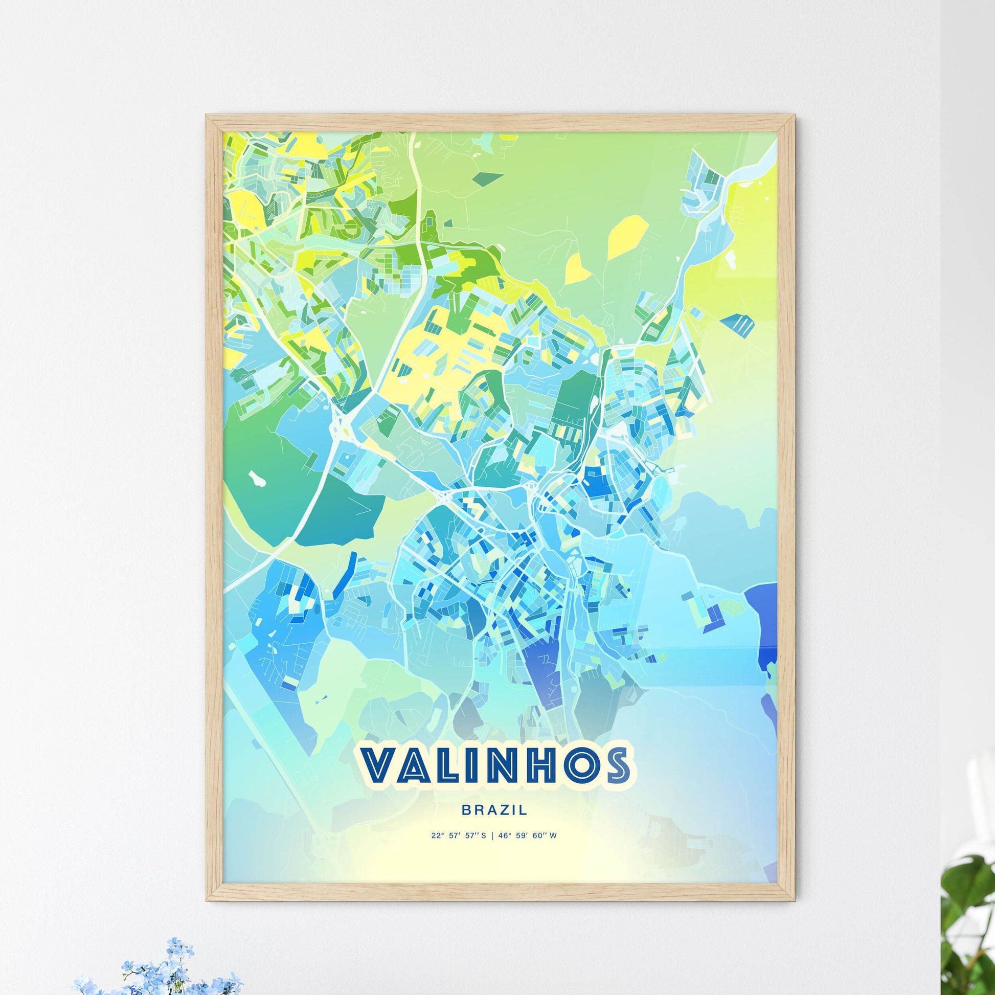 Colorful VALINHOS BRAZIL Fine Art Map Cool Blue