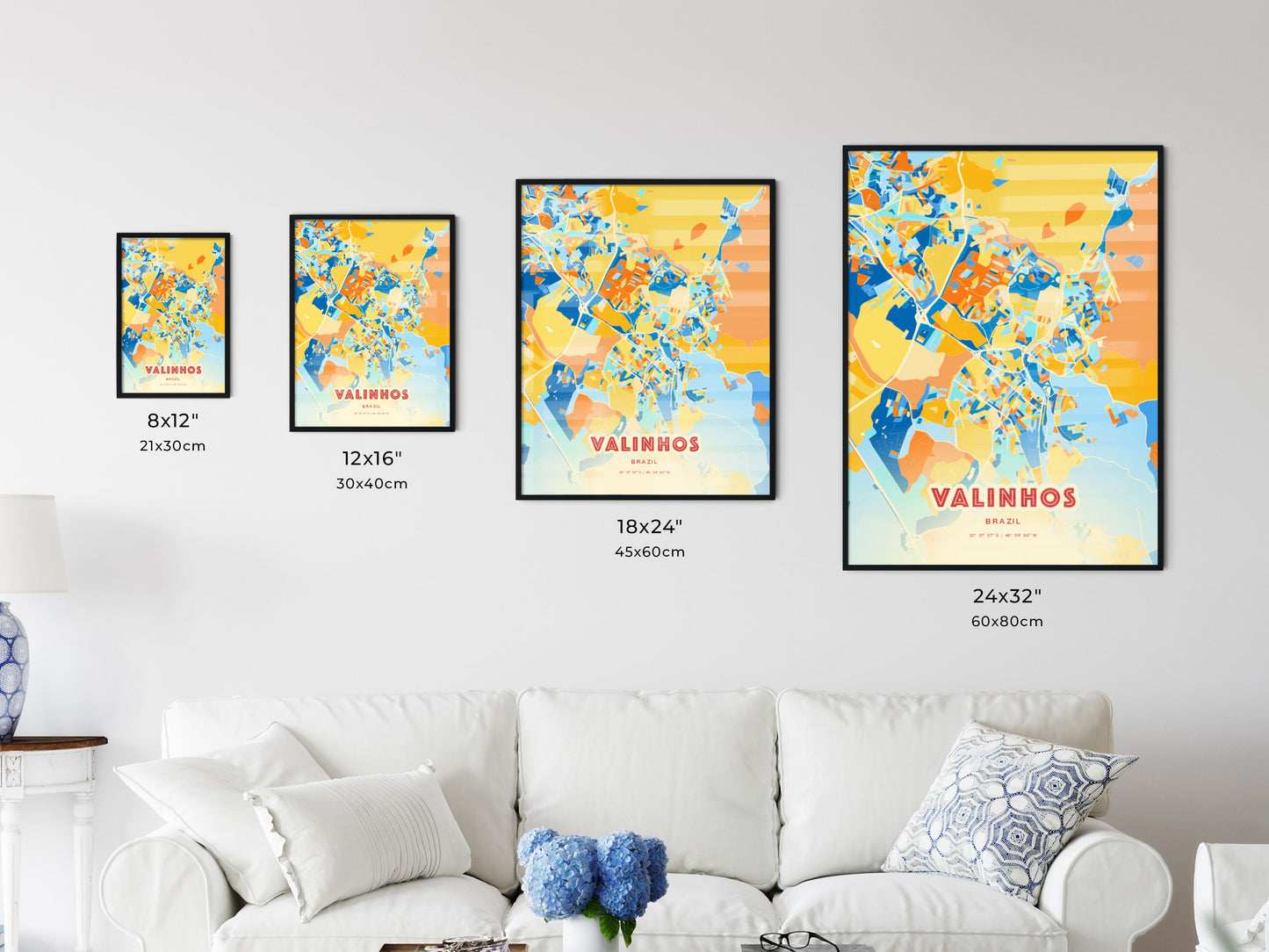 Colorful VALINHOS BRAZIL Fine Art Map Blue Orange