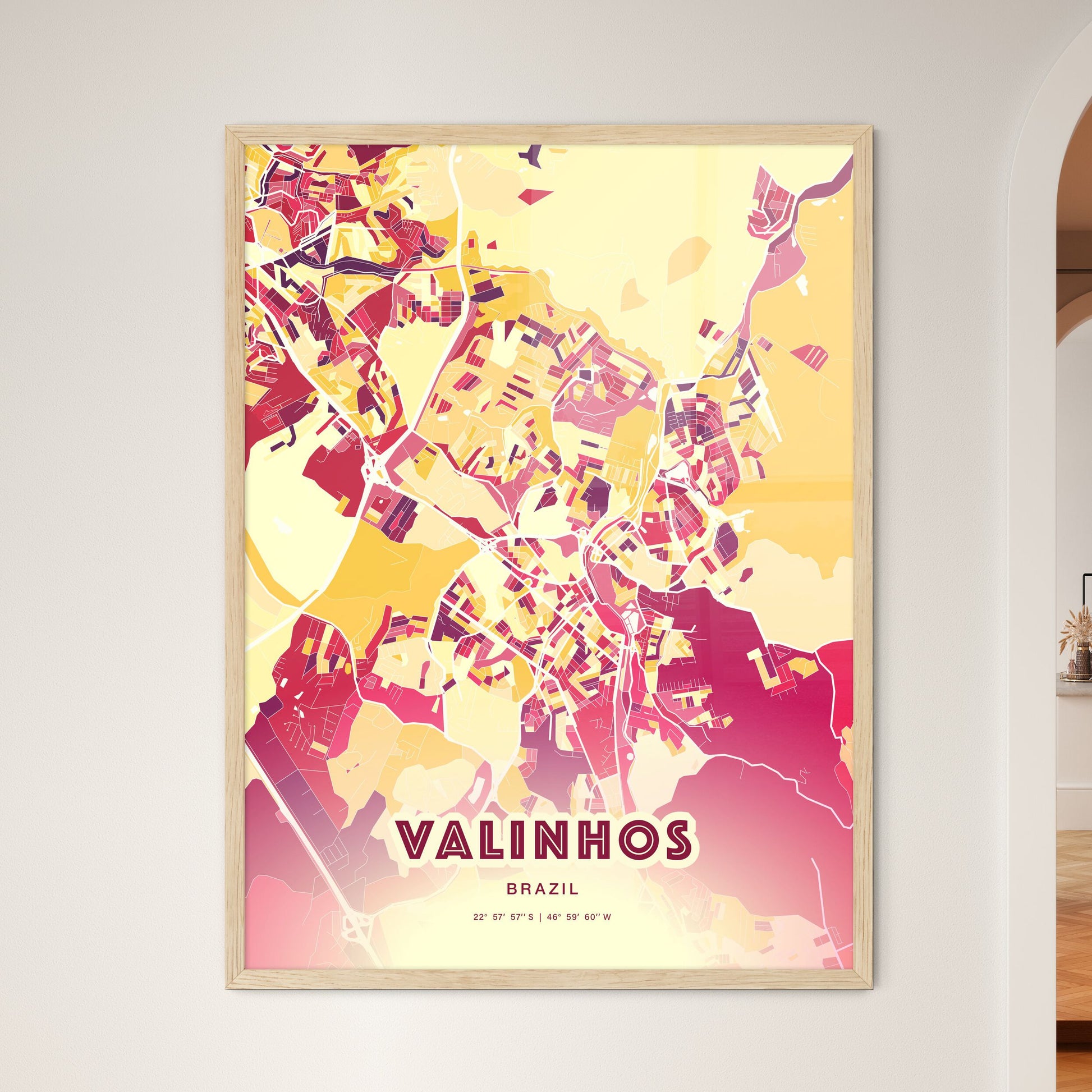 Colorful VALINHOS BRAZIL Fine Art Map Hot Red