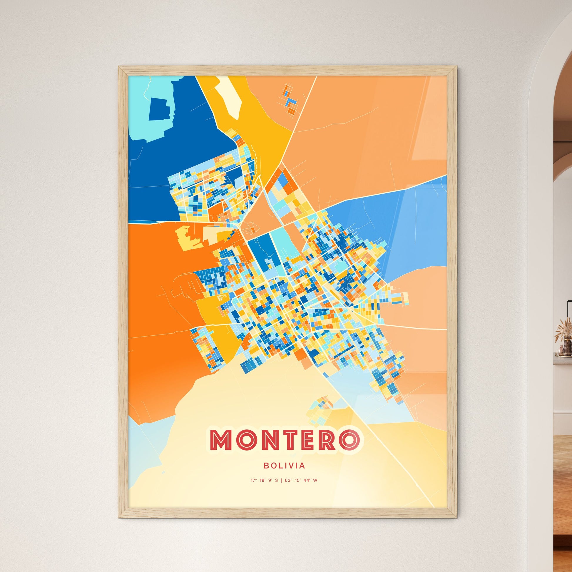 Colorful MONTERO BOLIVIA Fine Art Map Blue Orange