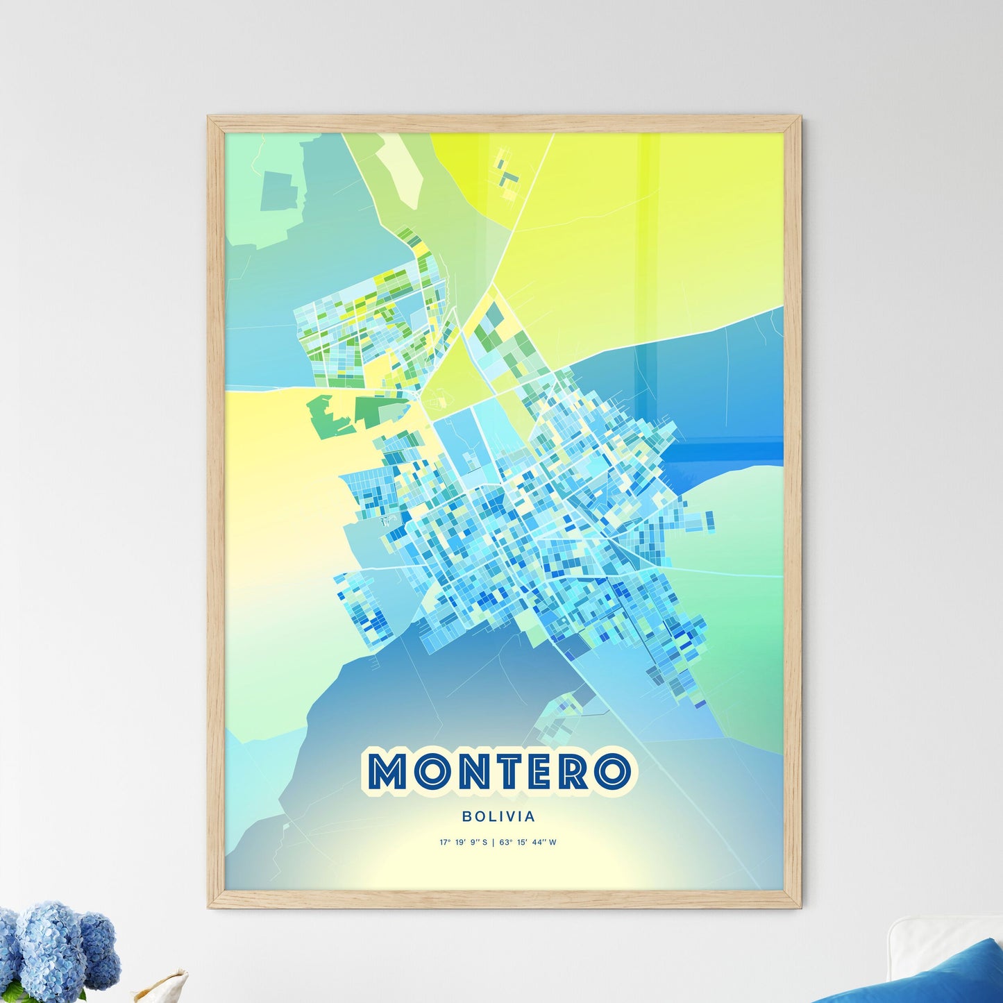 Colorful MONTERO BOLIVIA Fine Art Map Cool Blue