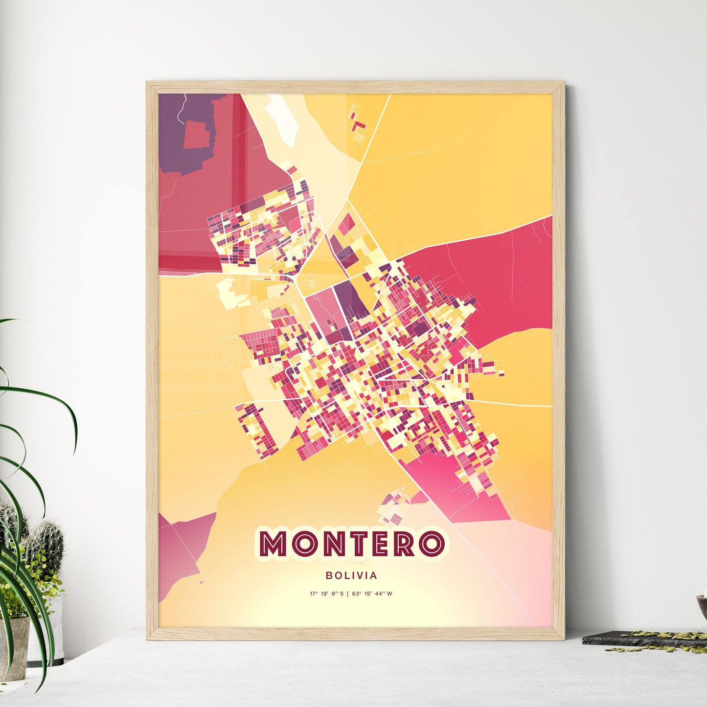 Colorful MONTERO BOLIVIA Fine Art Map Hot Red